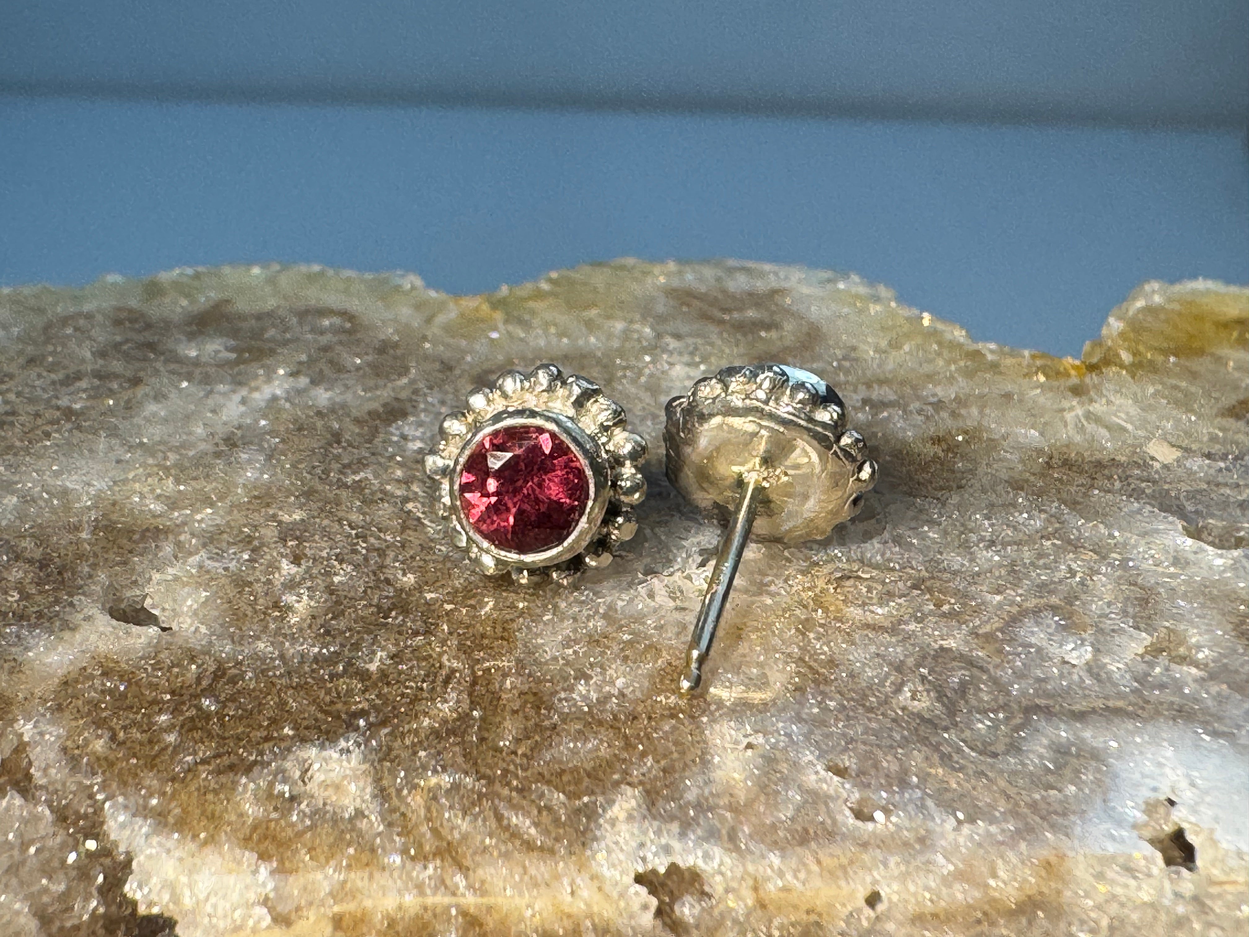 Pink Tourmaline Beaded Bezel Sterling Studs