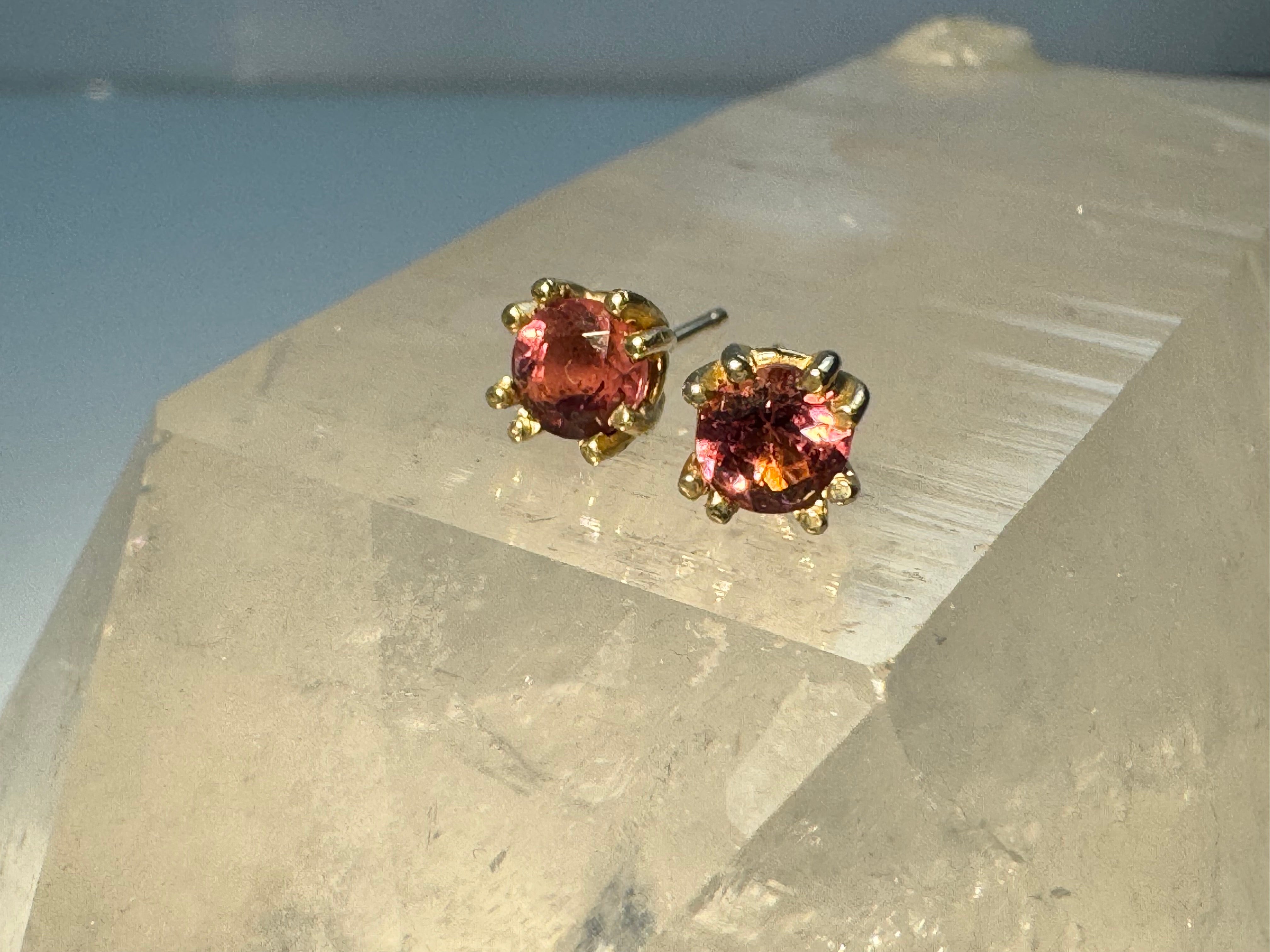 Pink Tourmaline Faceted Yellow Gold Studs