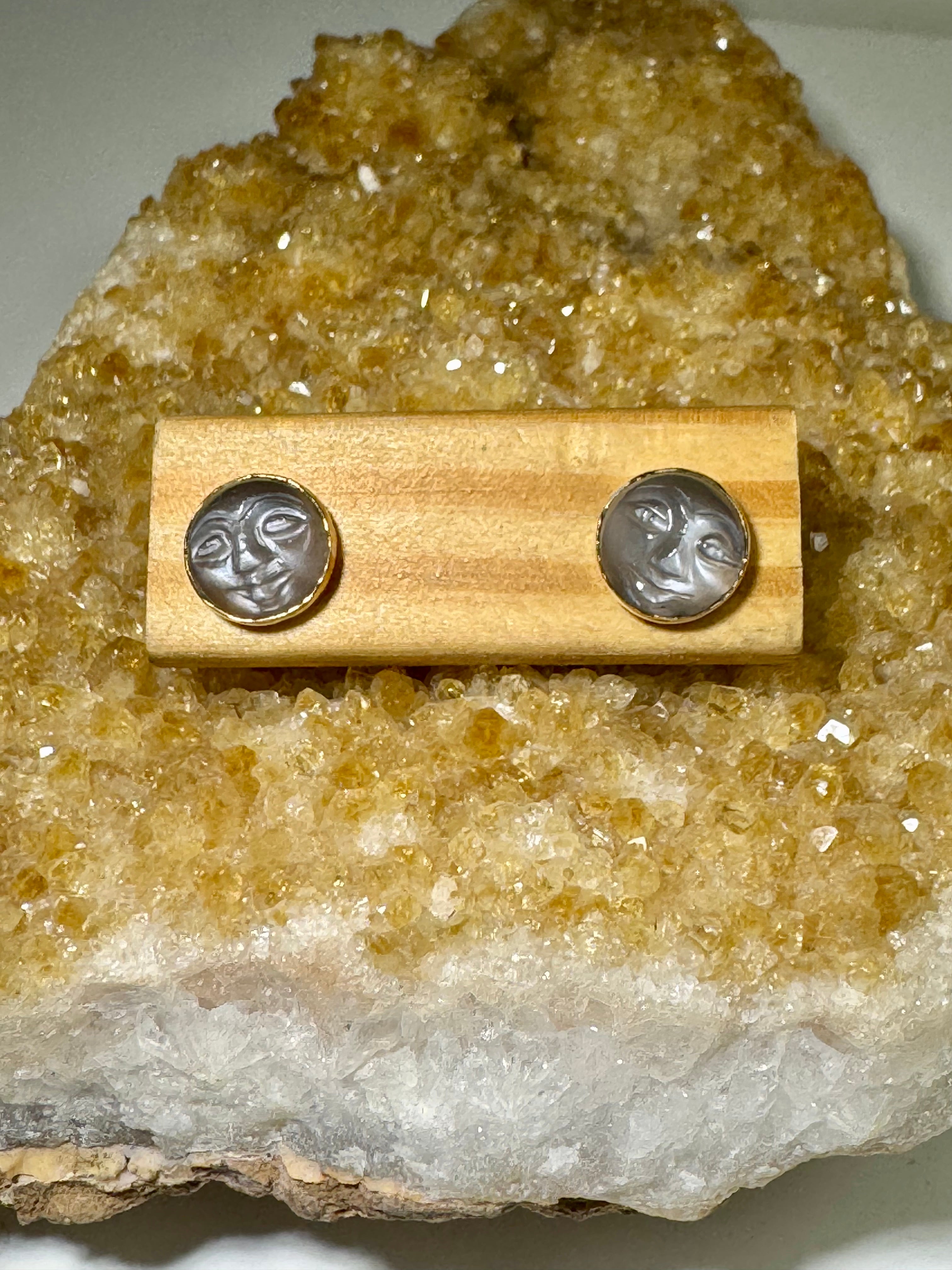 Grey Moonstone Carved Face 14k Studs