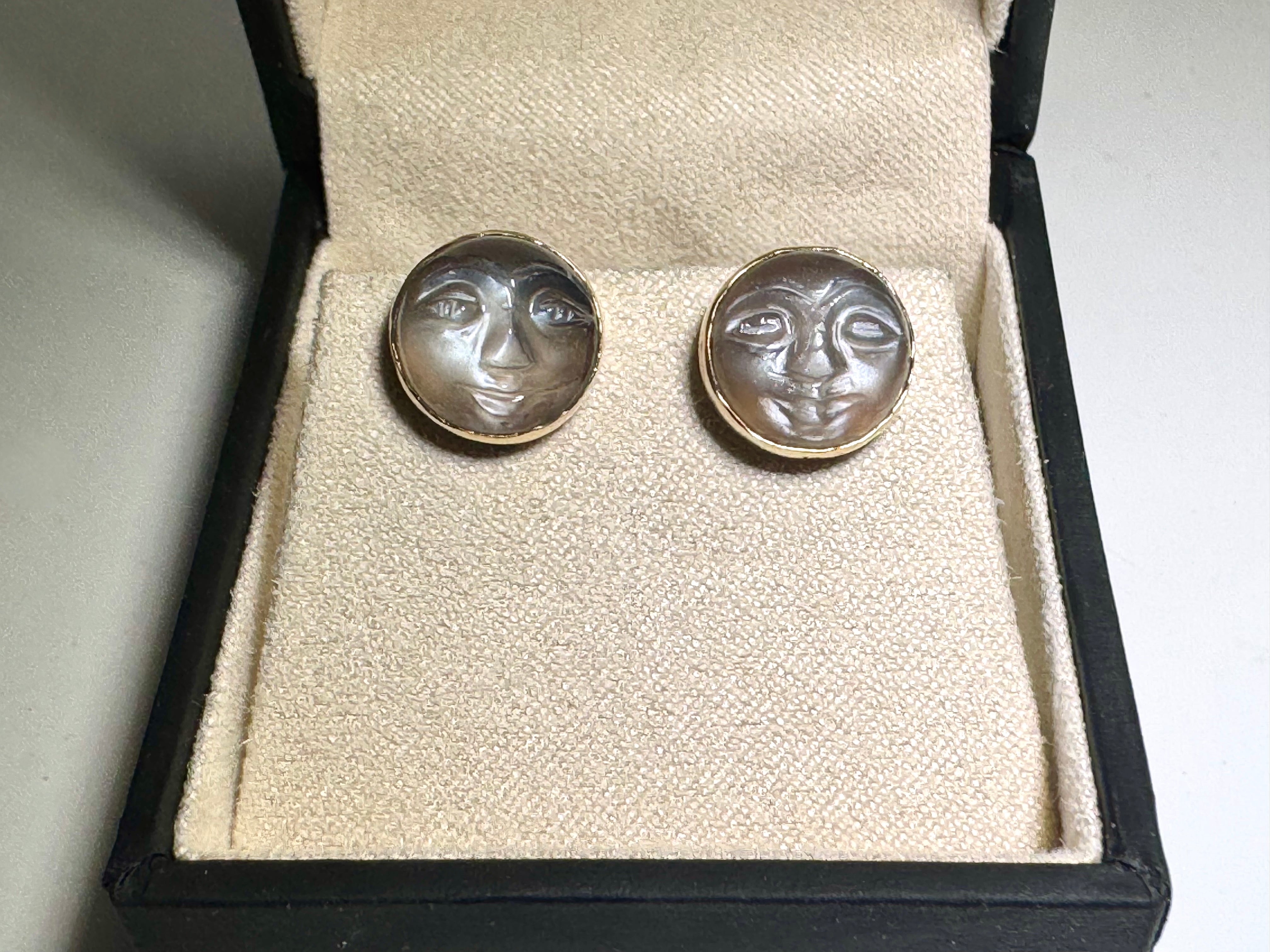 Grey Moonstone Carved Face 14k Studs