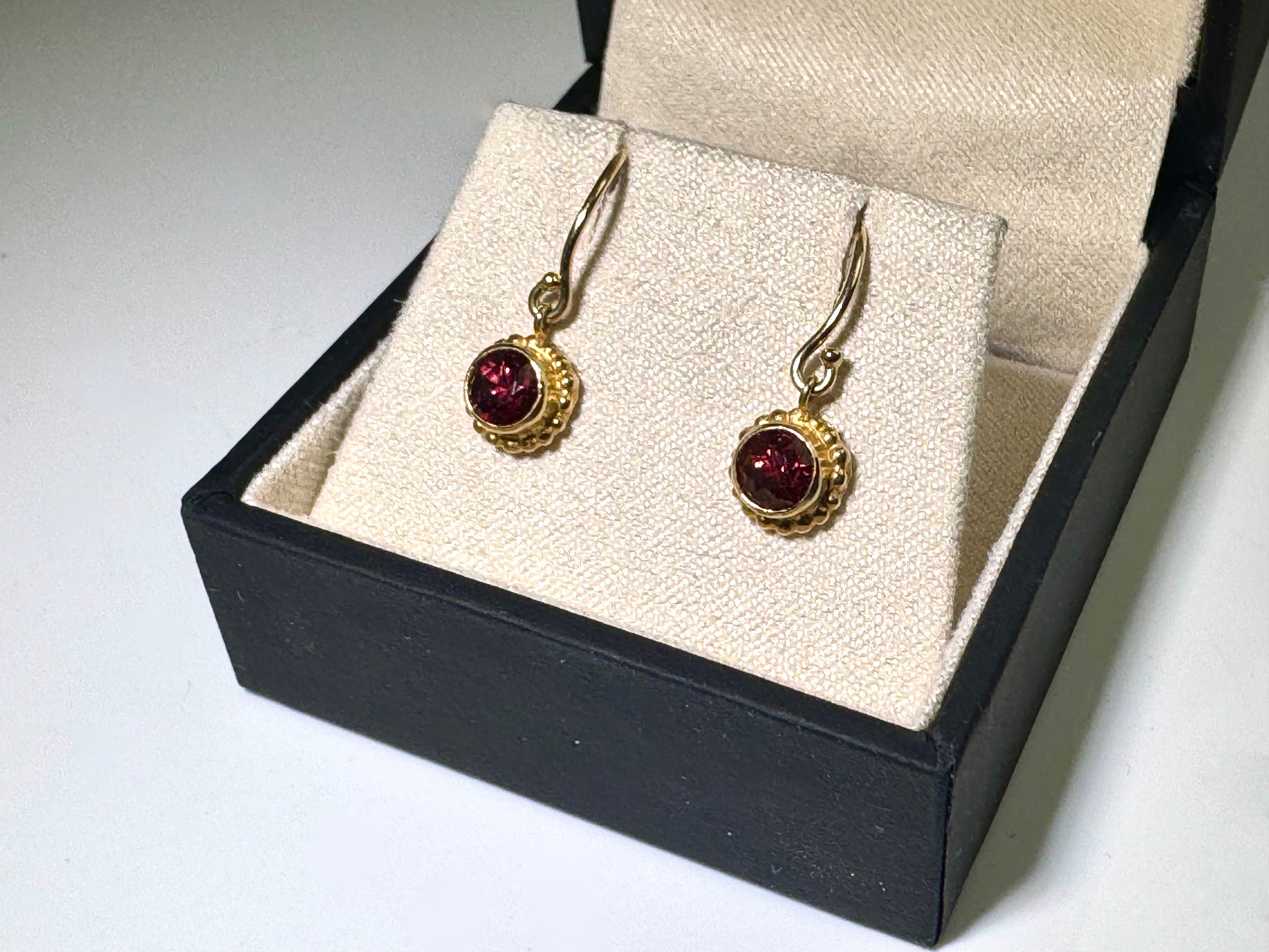 Garnet Beaded Bezel 14k Gold Earrings