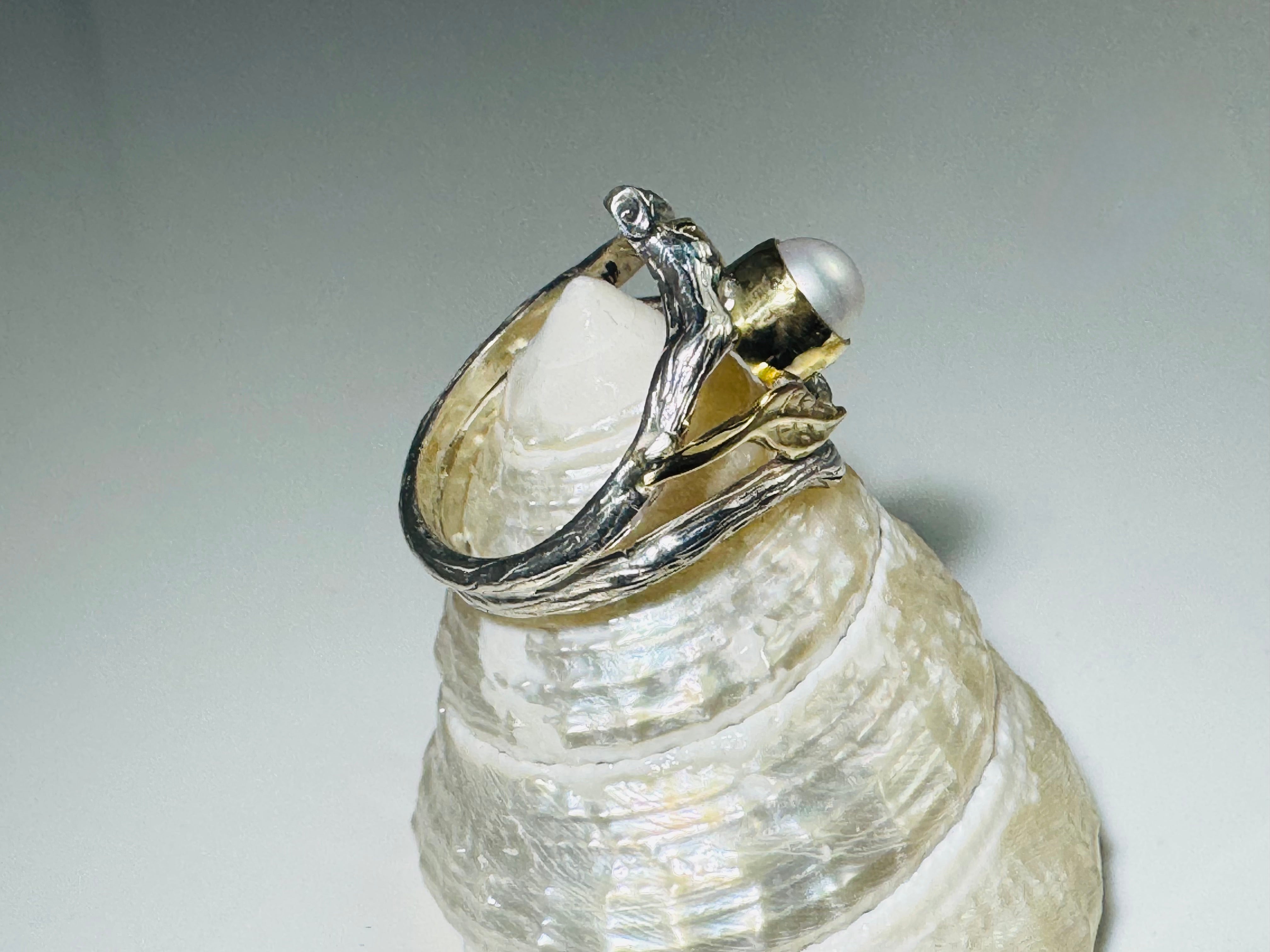 Pearl Double Bark & Leaves Two Tone Ring