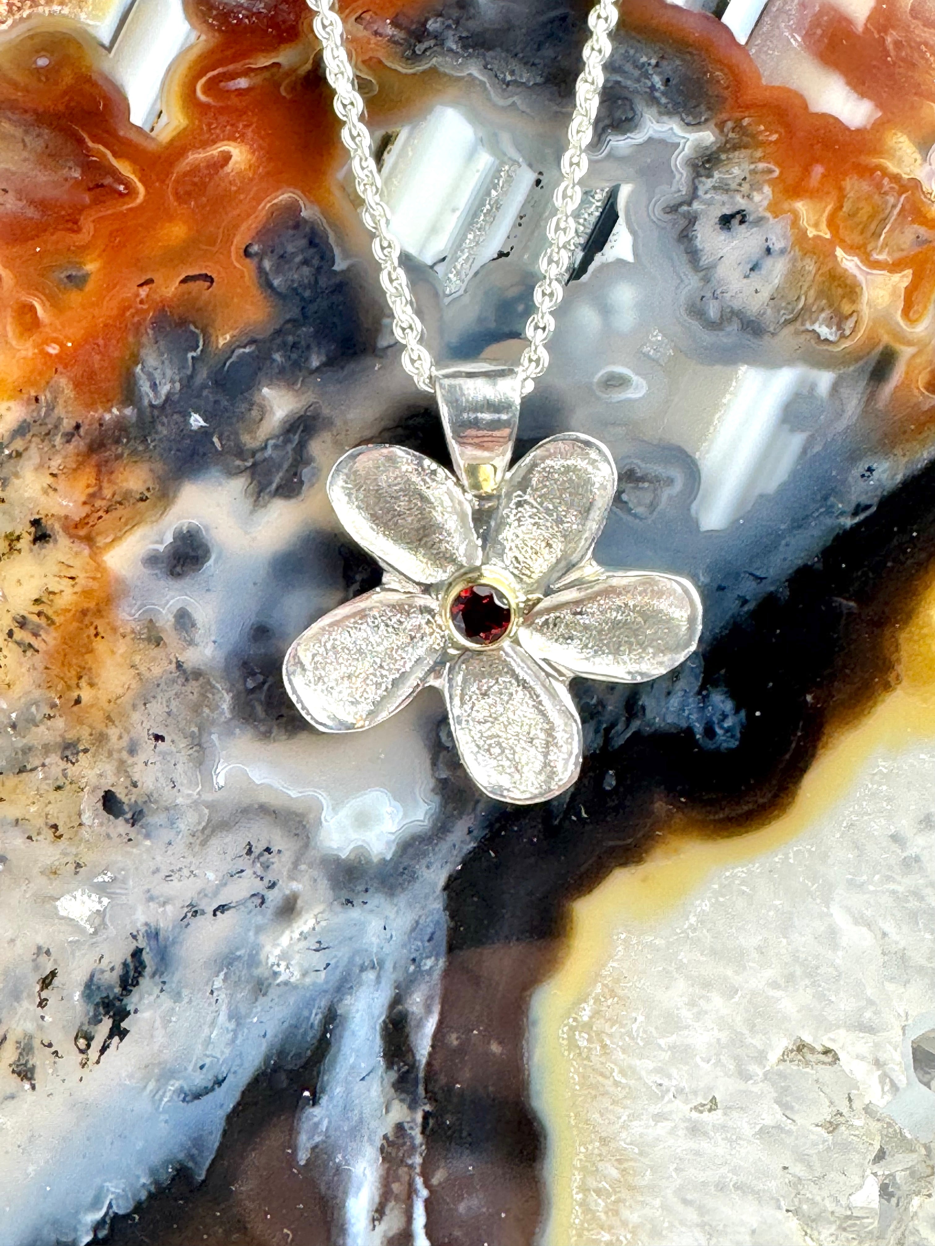 Garnet Flower Sterling Pendant