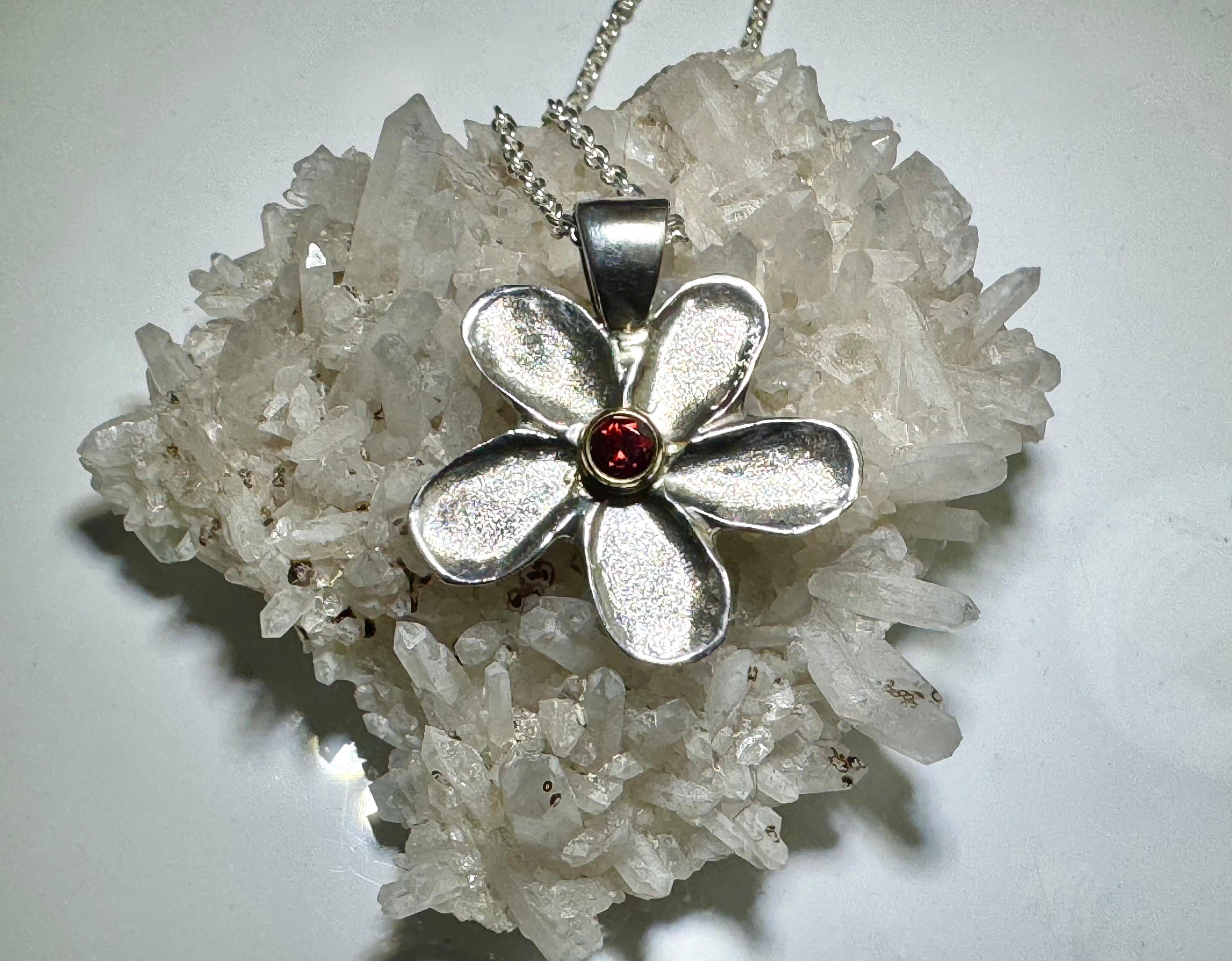 Garnet Flower Sterling Pendant