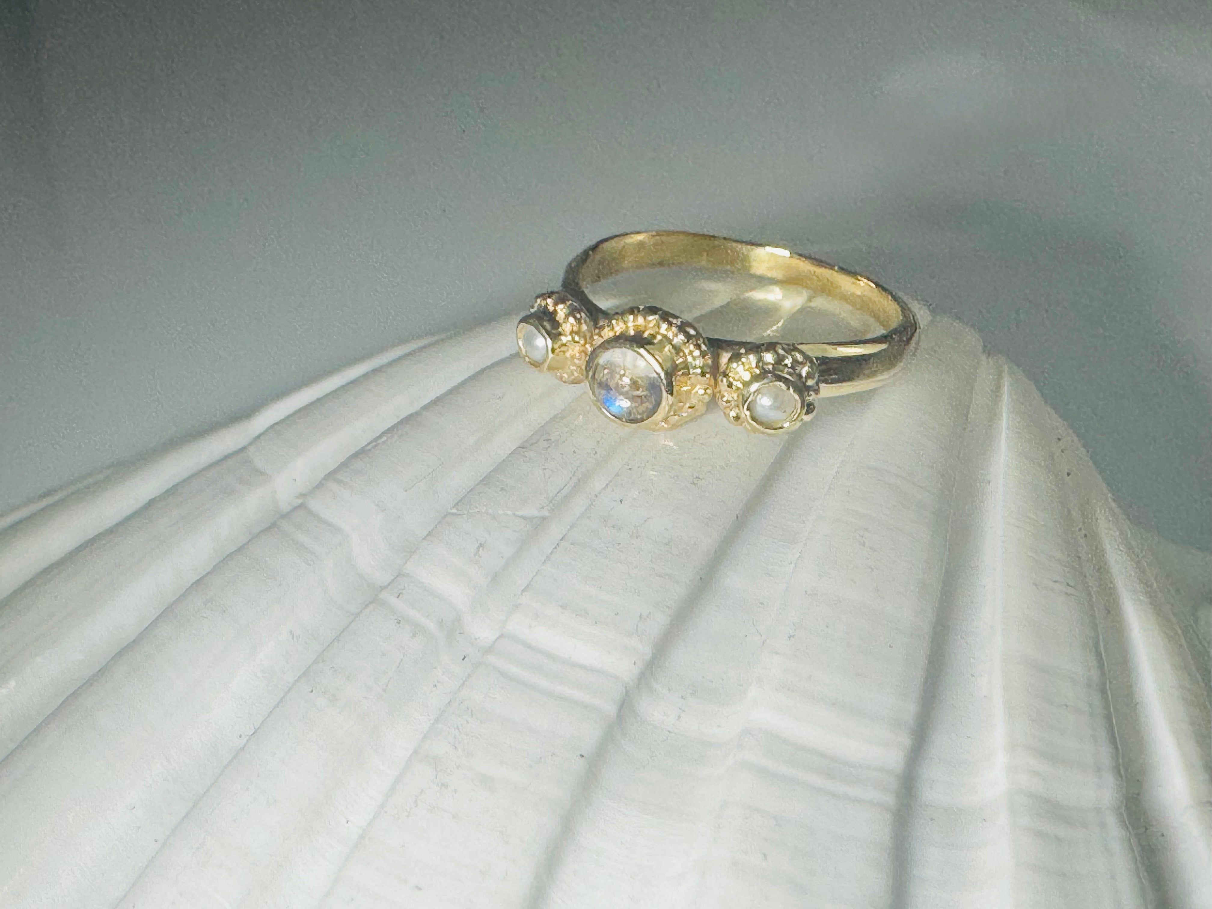 Moonstone & Pearl Beaded Bezel 14k Ring