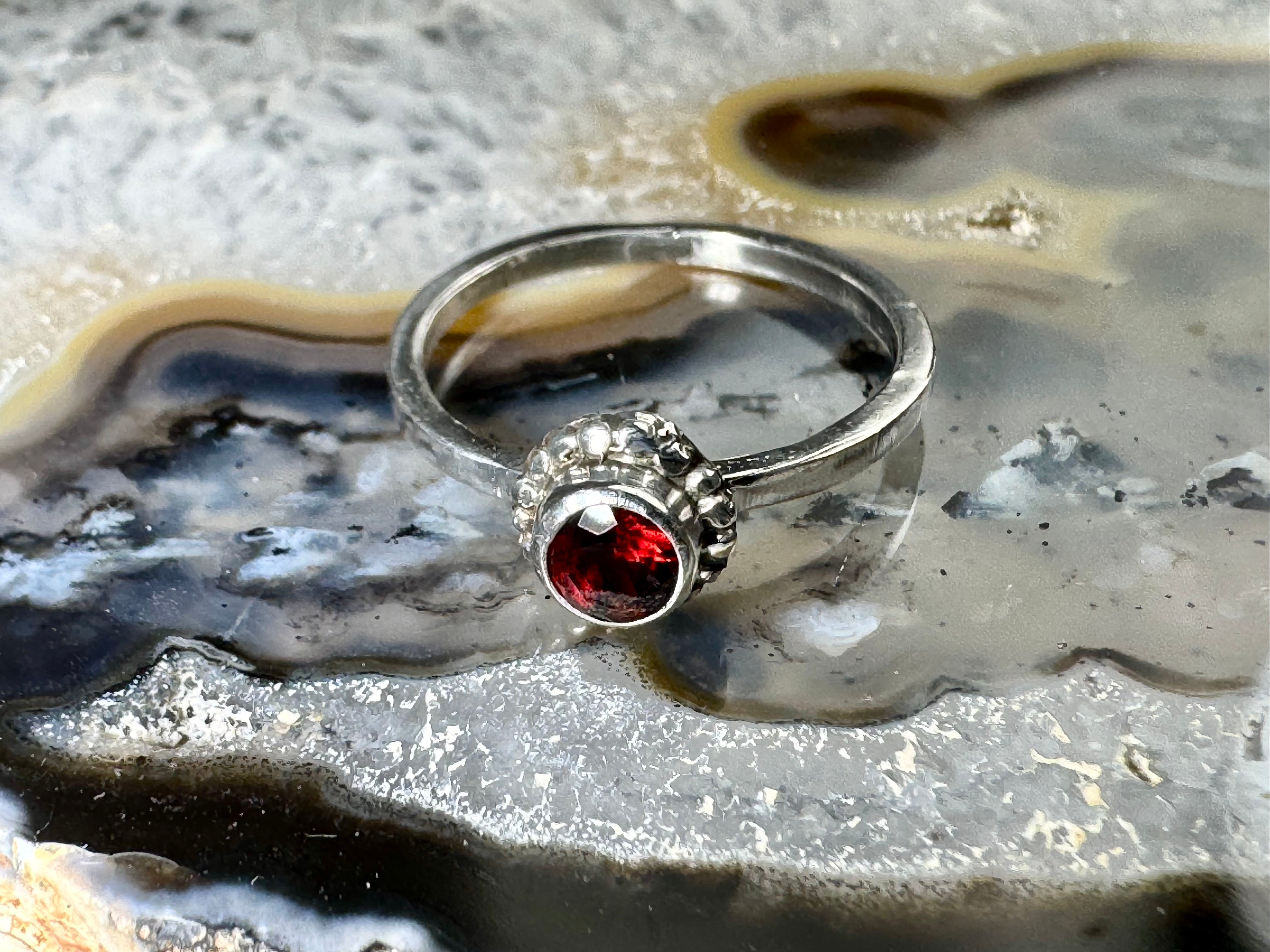 Garnet Beaded Bezel Sterling Ring