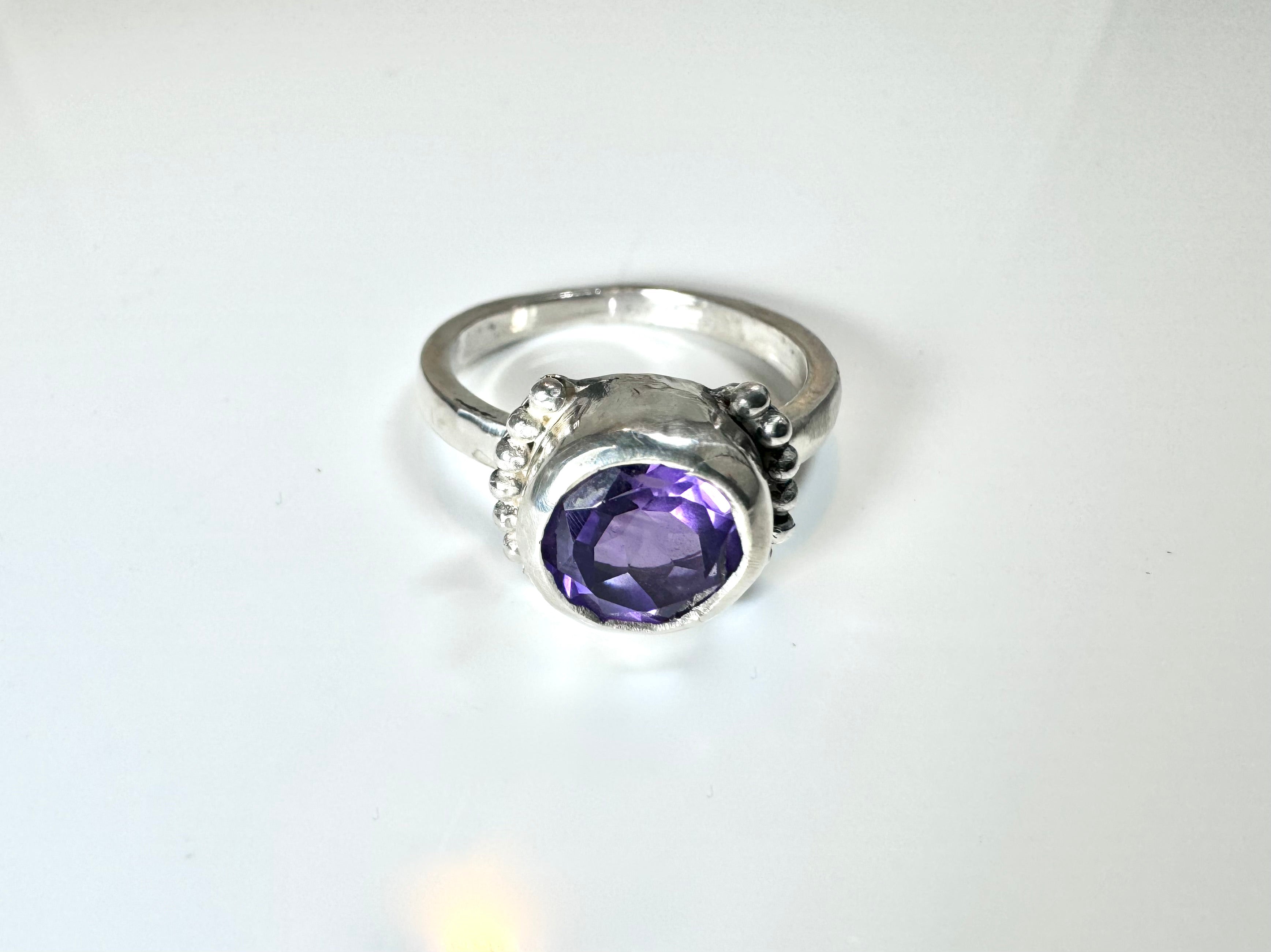 Amethyst Side Beads Sterling Ring
