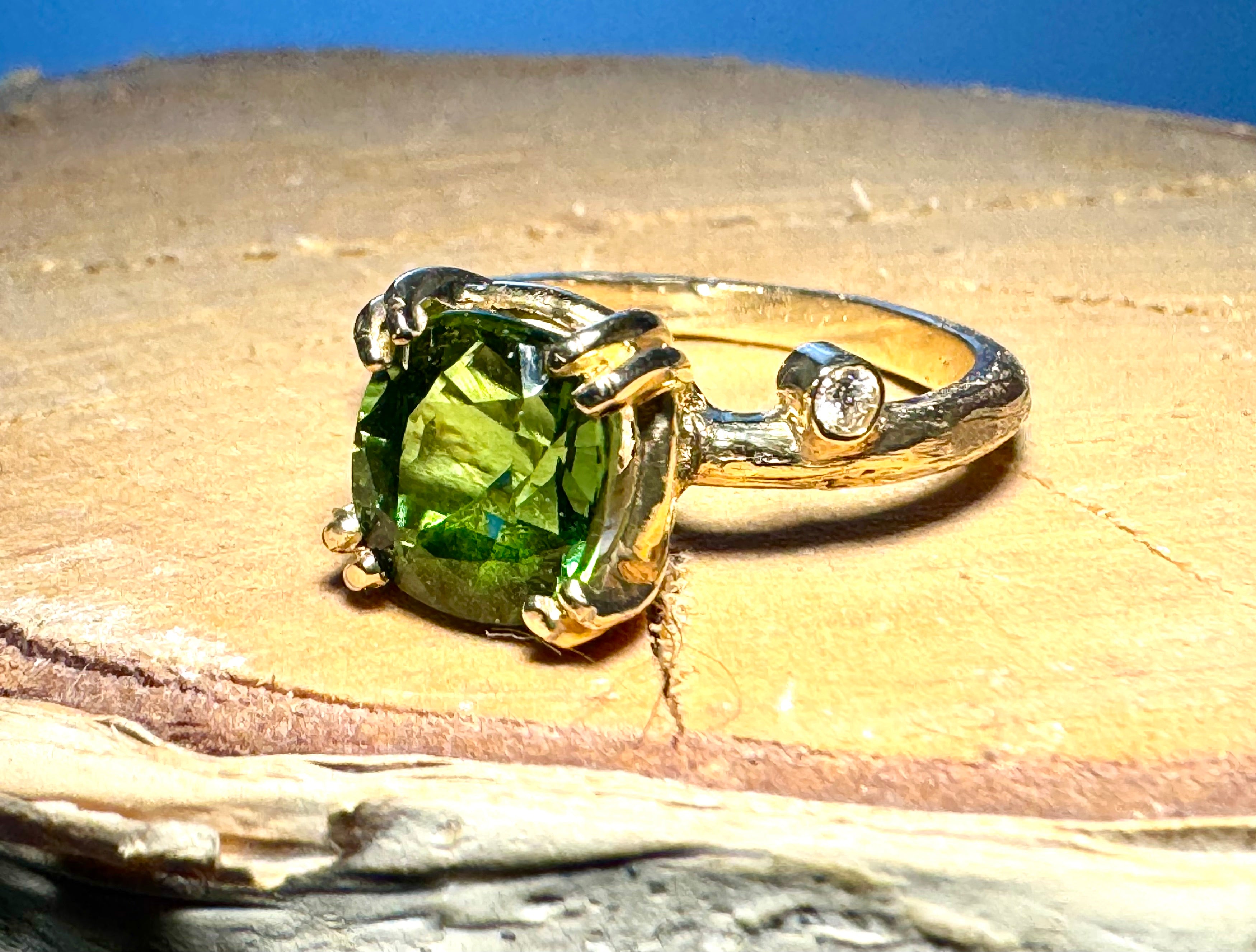 Green Tourmaline & Diamond Bark Ring