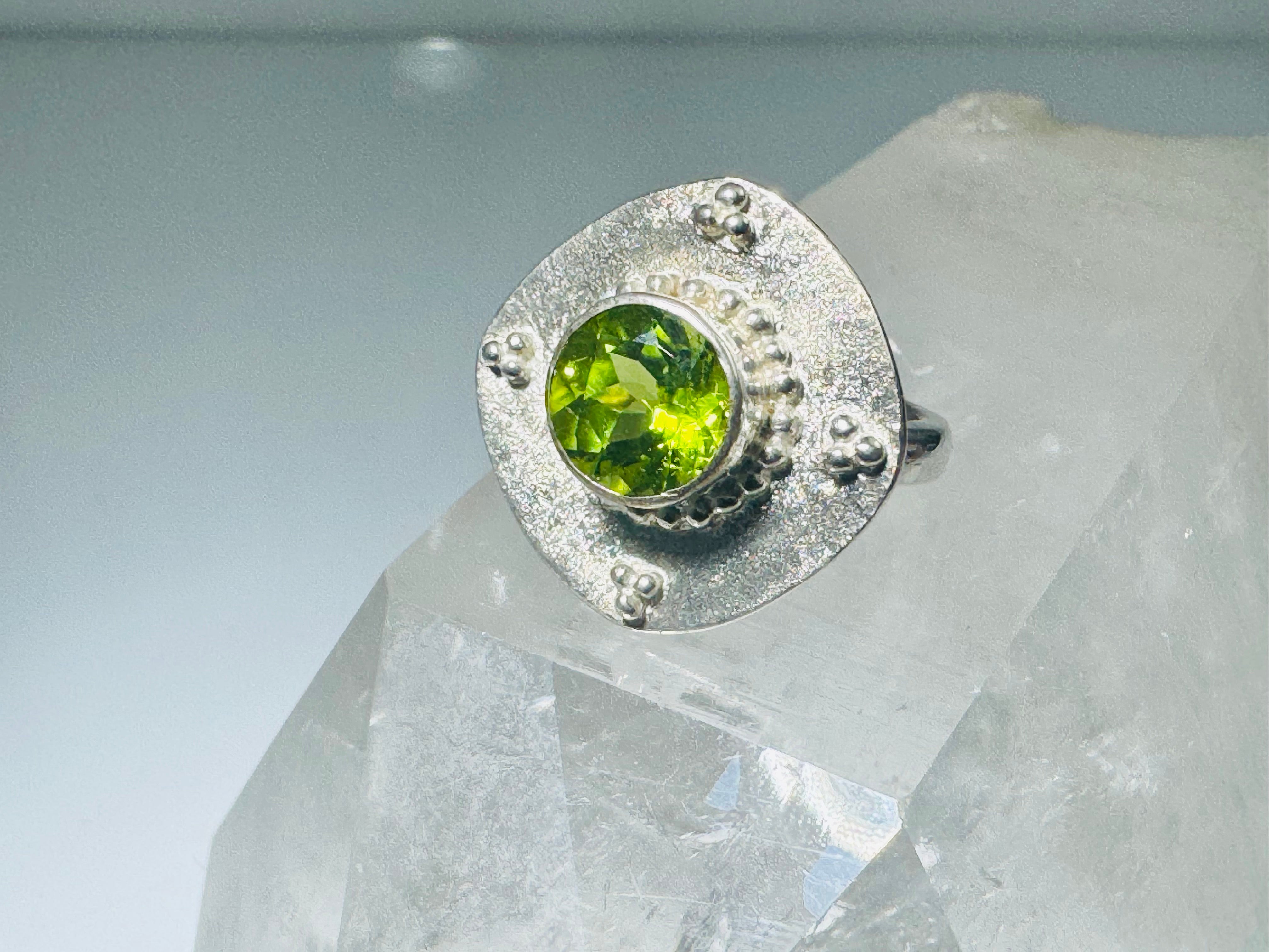 Peridot Beaded Antique Shape Sterling Ring