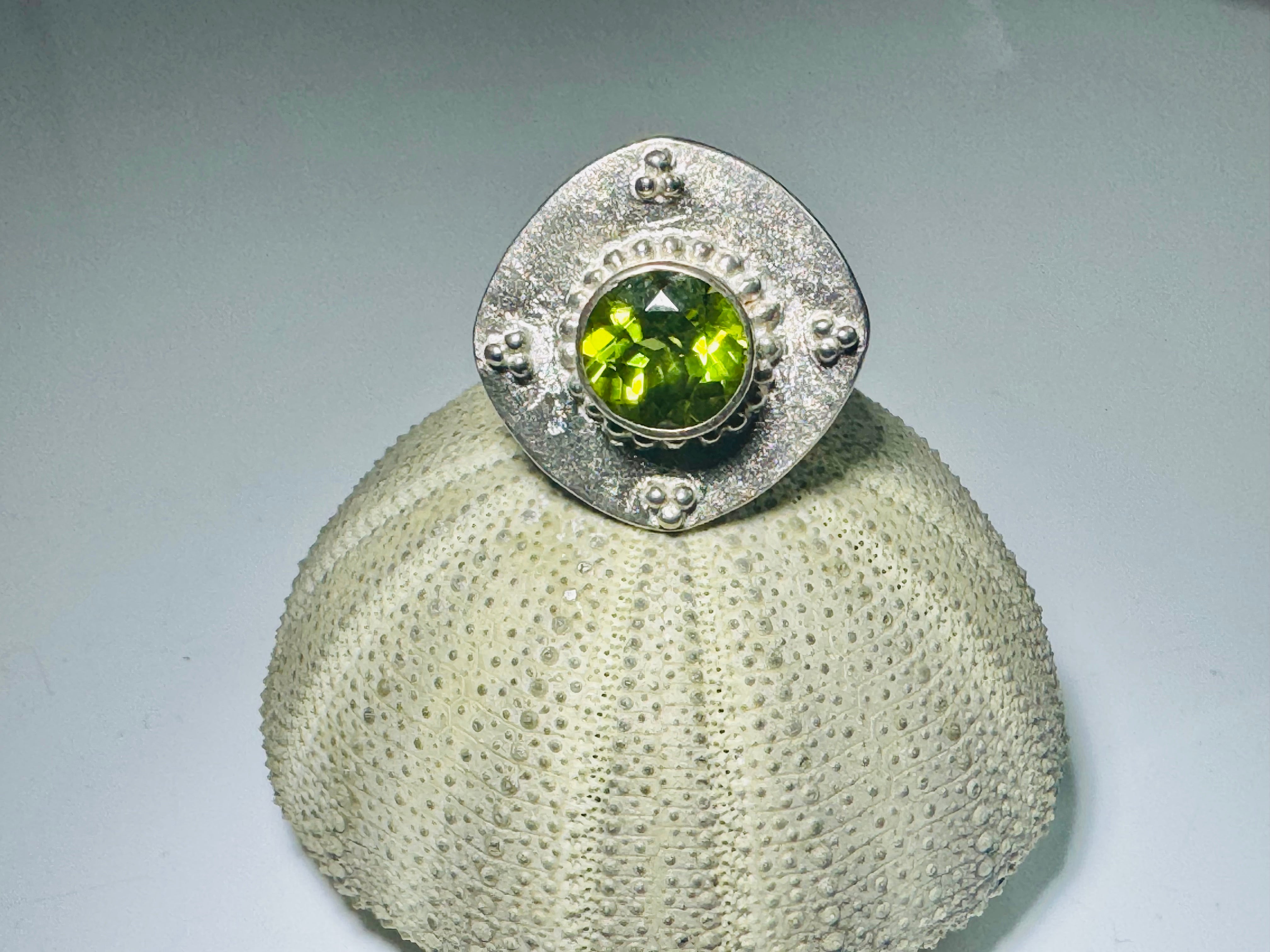 Peridot Beaded Antique Shape Sterling Ring