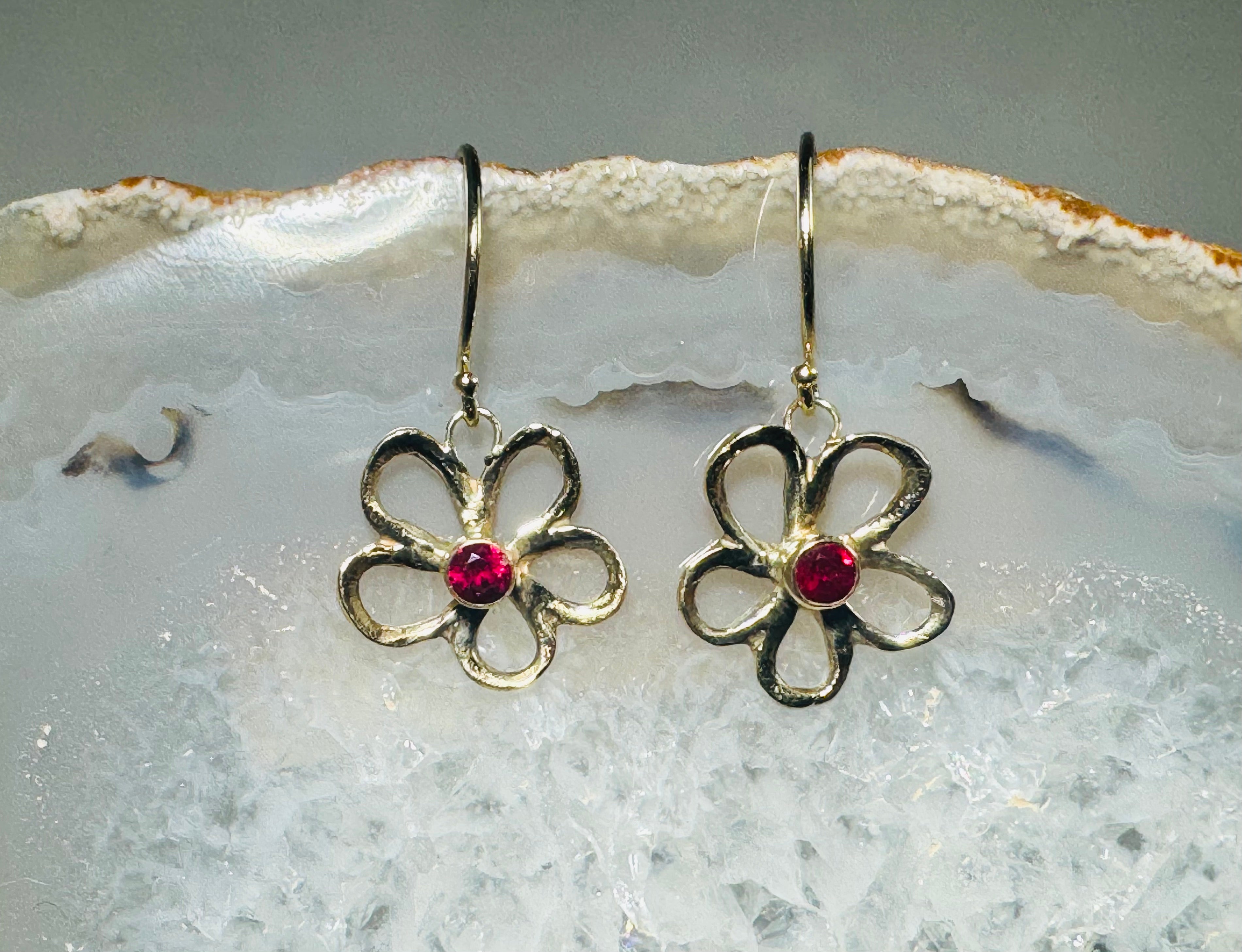 Ruby AAA Open Flower 14k Dangles