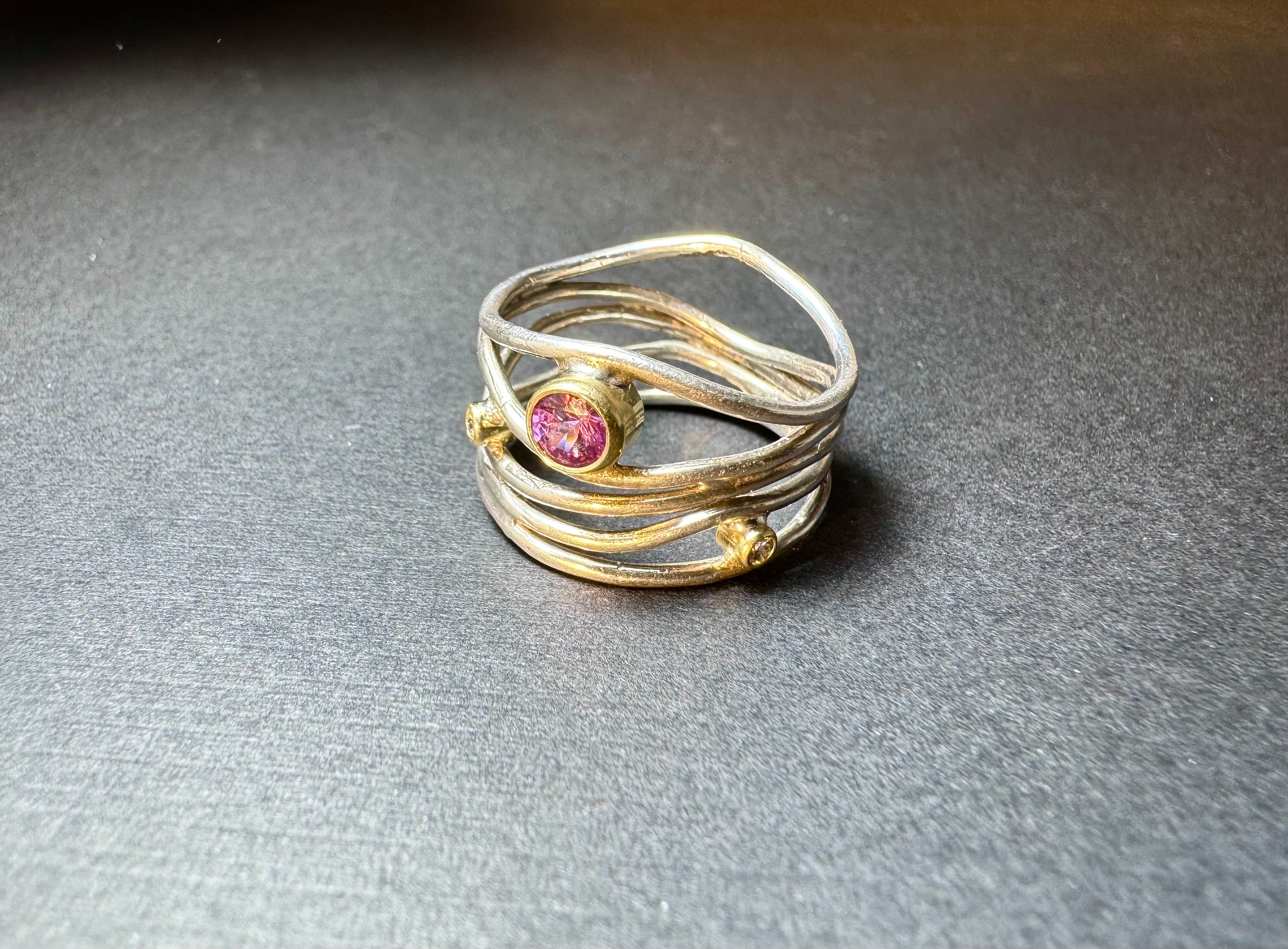 Pink Sapphire and Diamond Sterling Silver Wire Ring