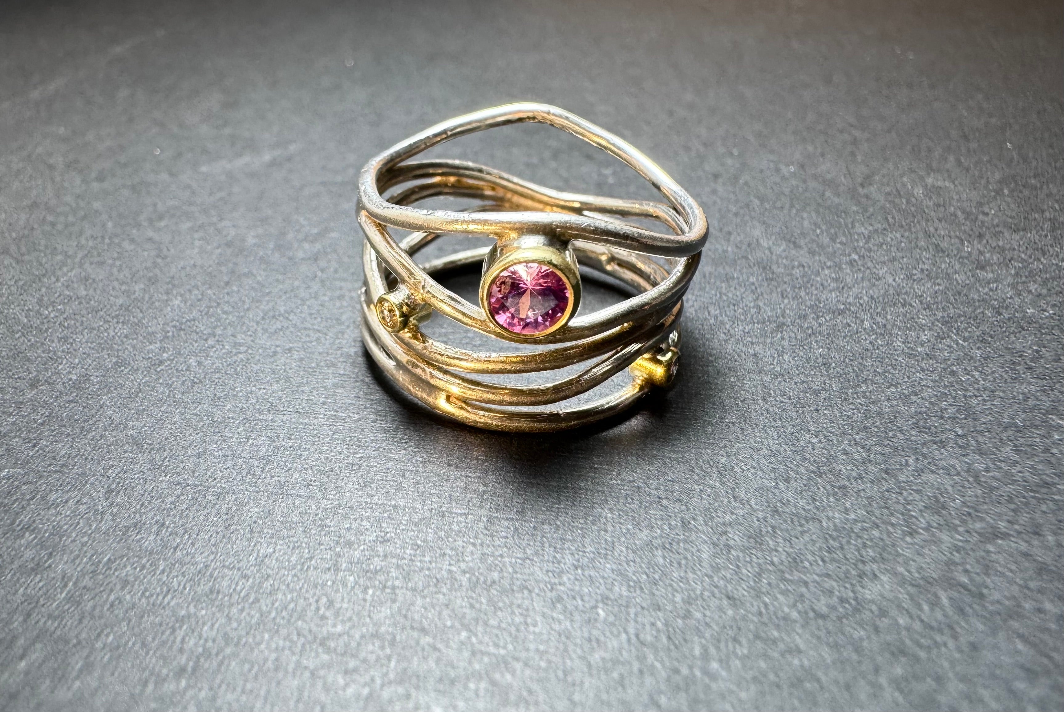 Pink Sapphire and Diamond Sterling Silver Wire Ring
