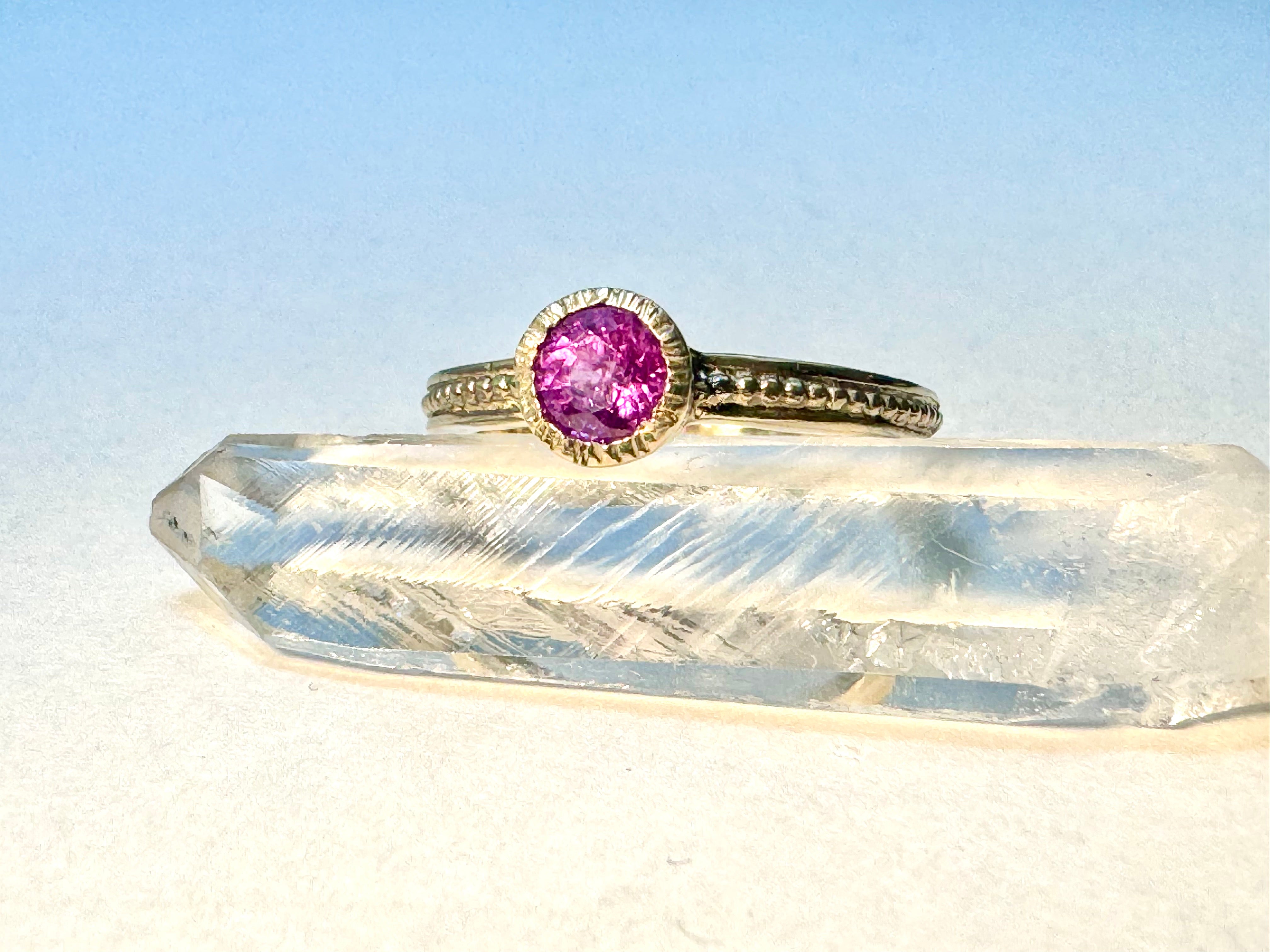 Pink Sapphire Beaded Shank 14k Ring