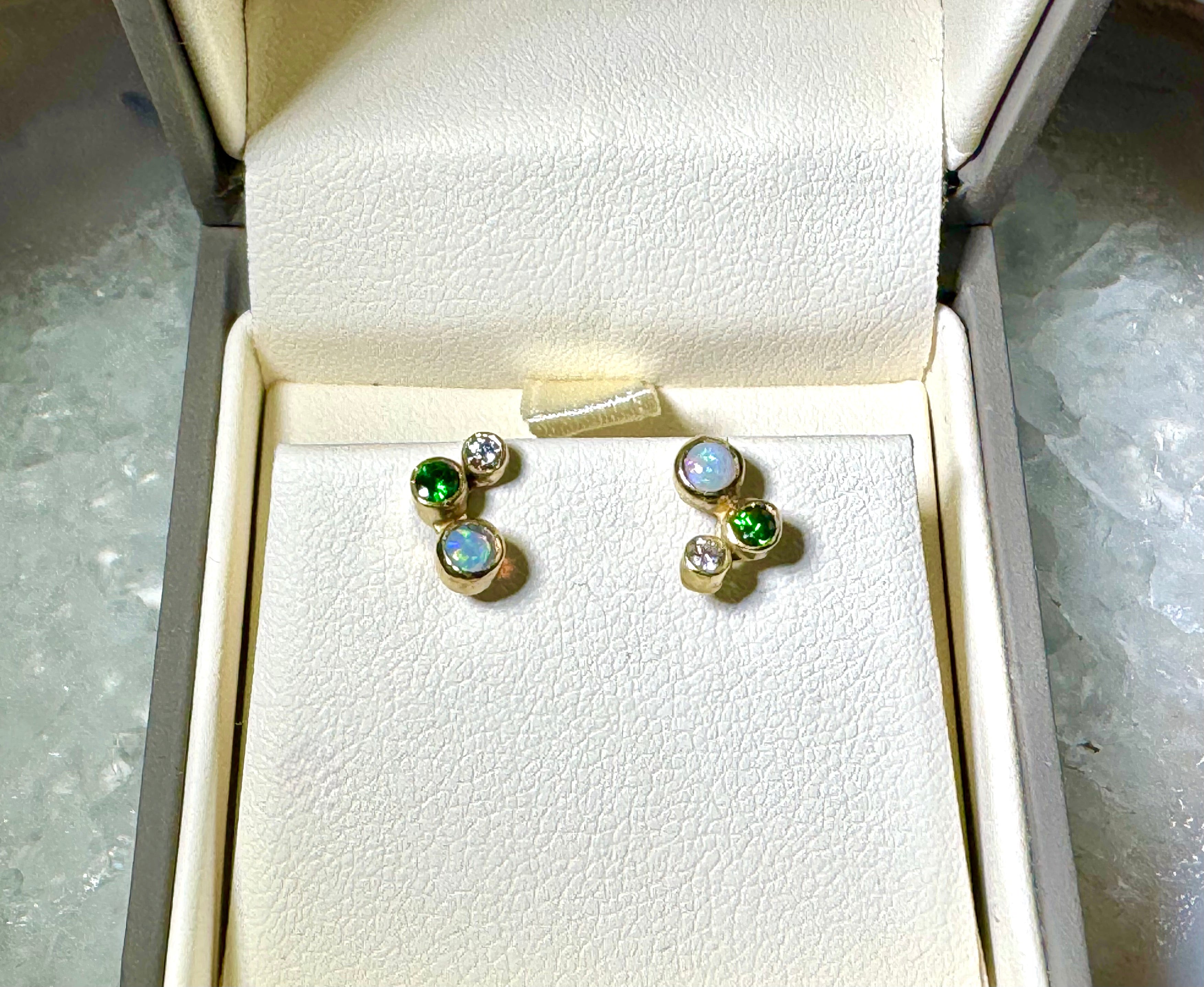 Opal Diamond and Tsavorite Garnet Studs