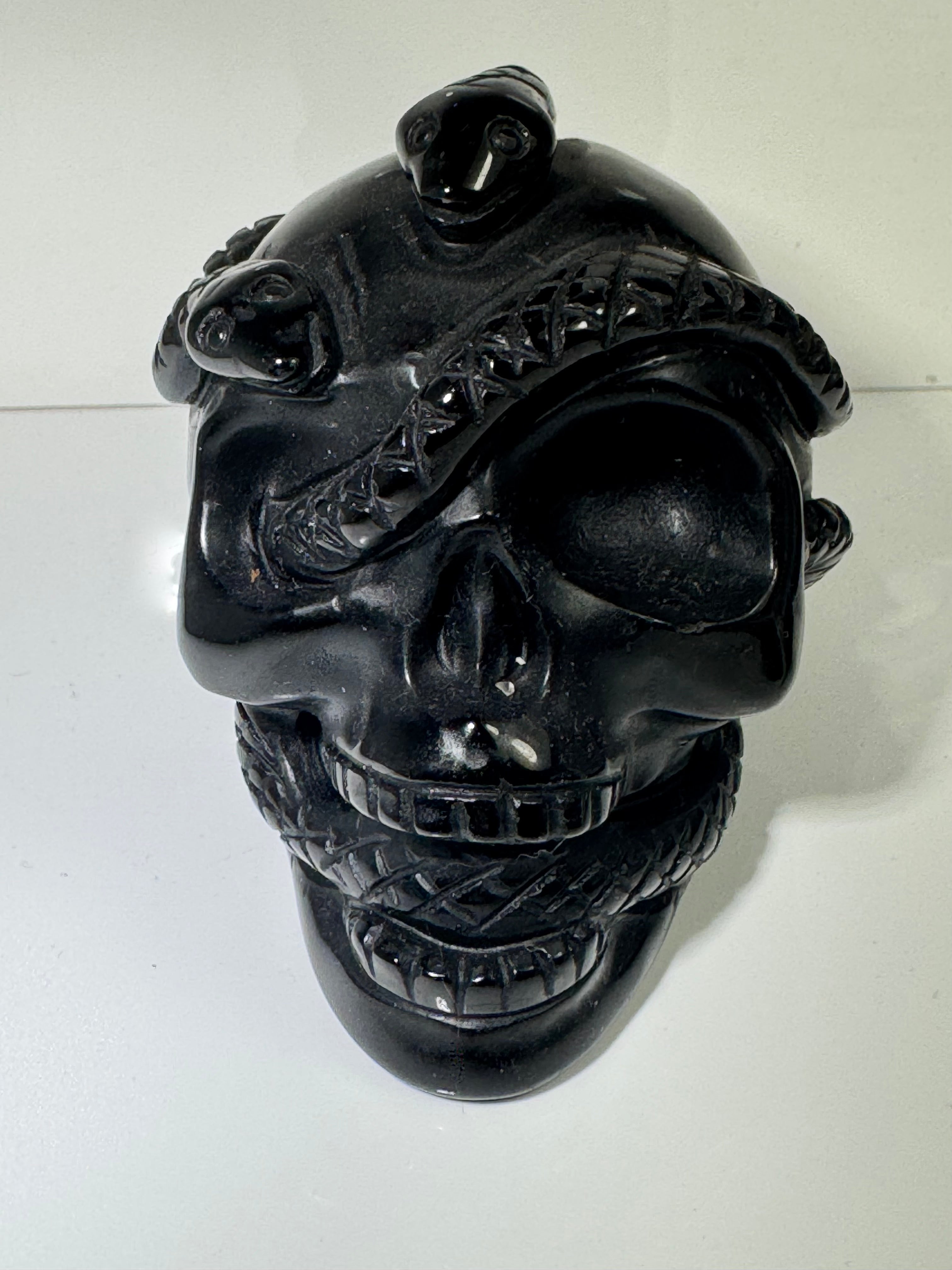 Obsidian Skull & Snake Carving