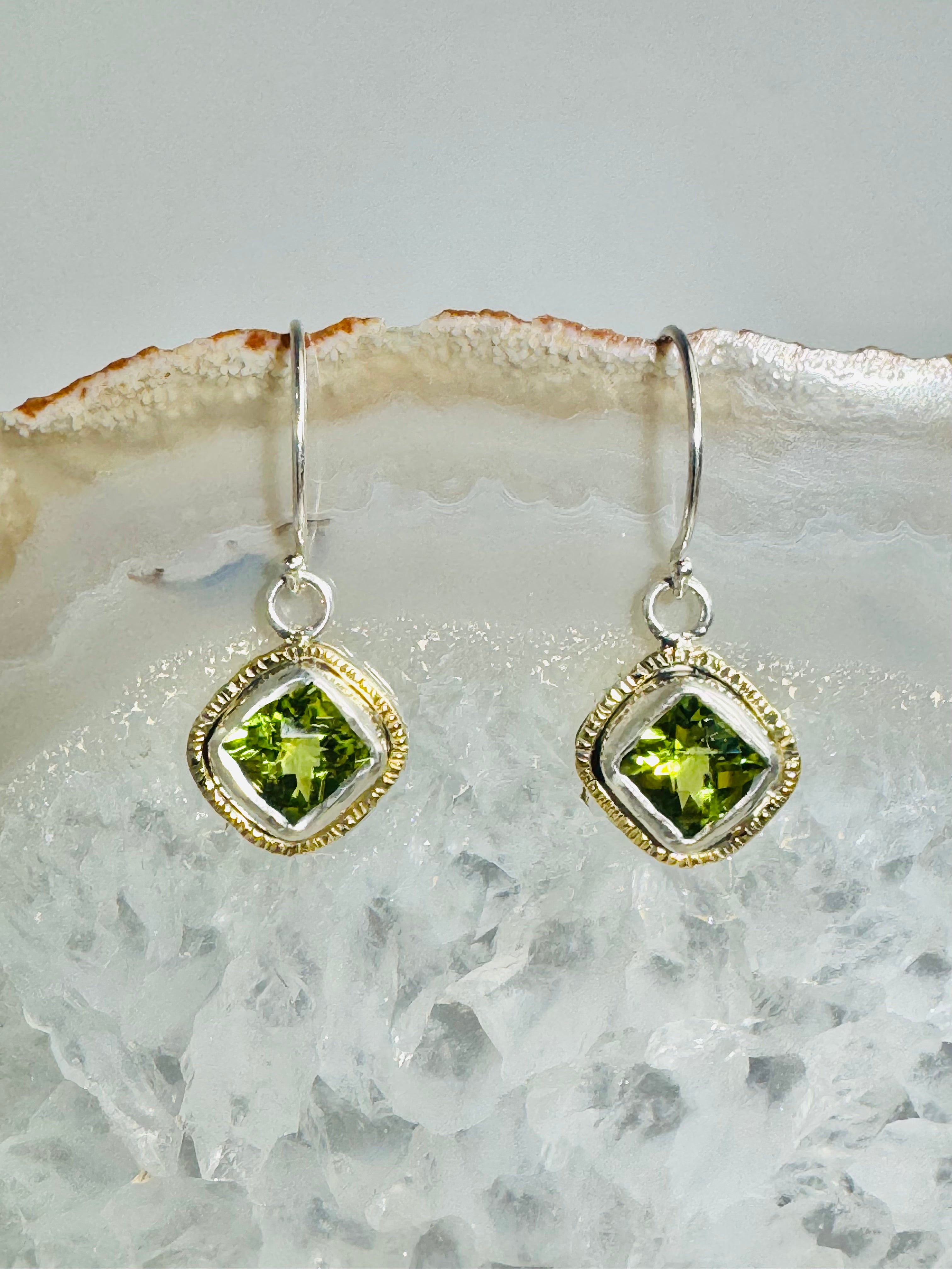Peridot 6mm Cushion Sterling & 18k Dangles