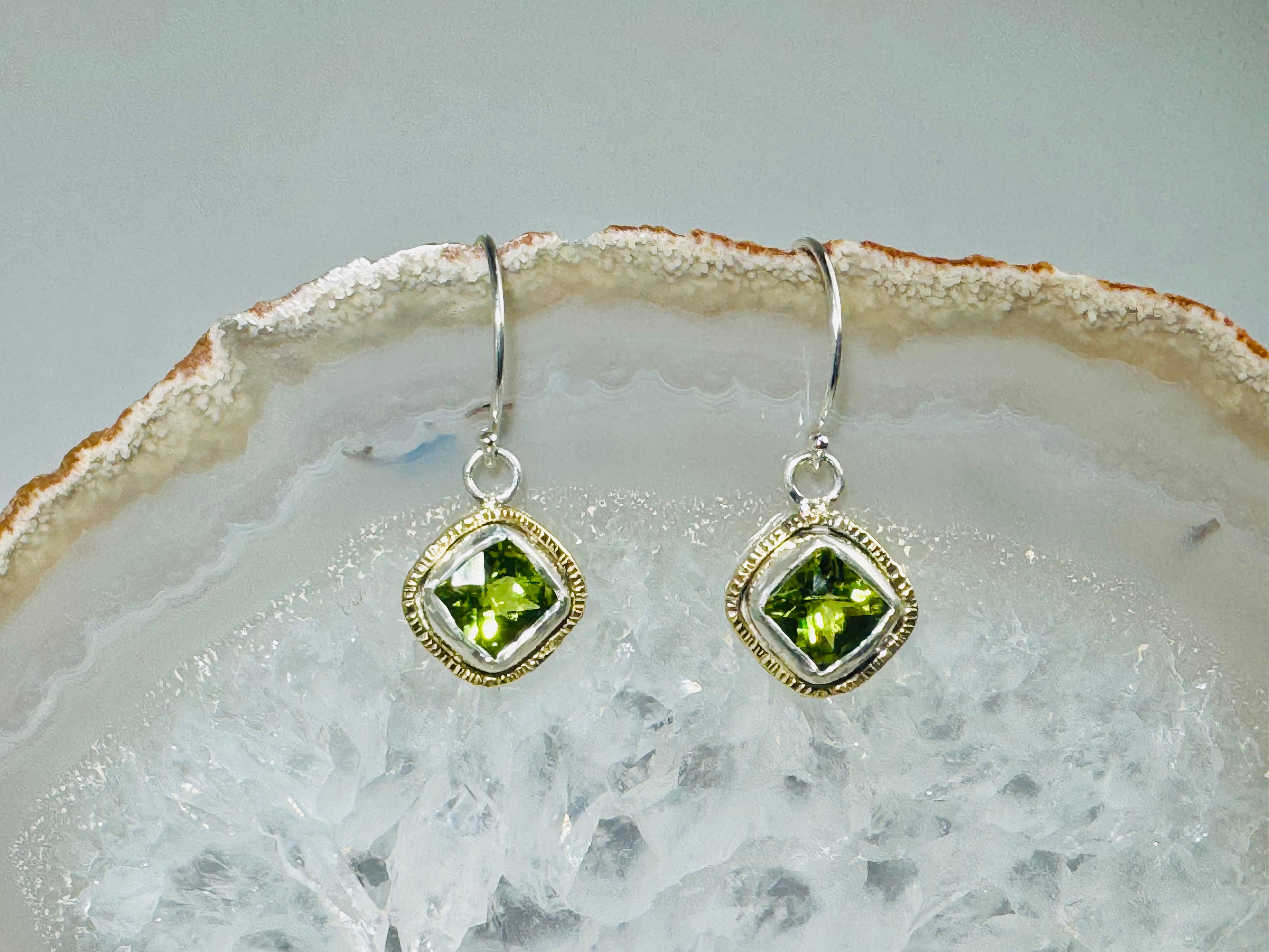 Peridot 6mm Cushion Sterling & 18k Dangles