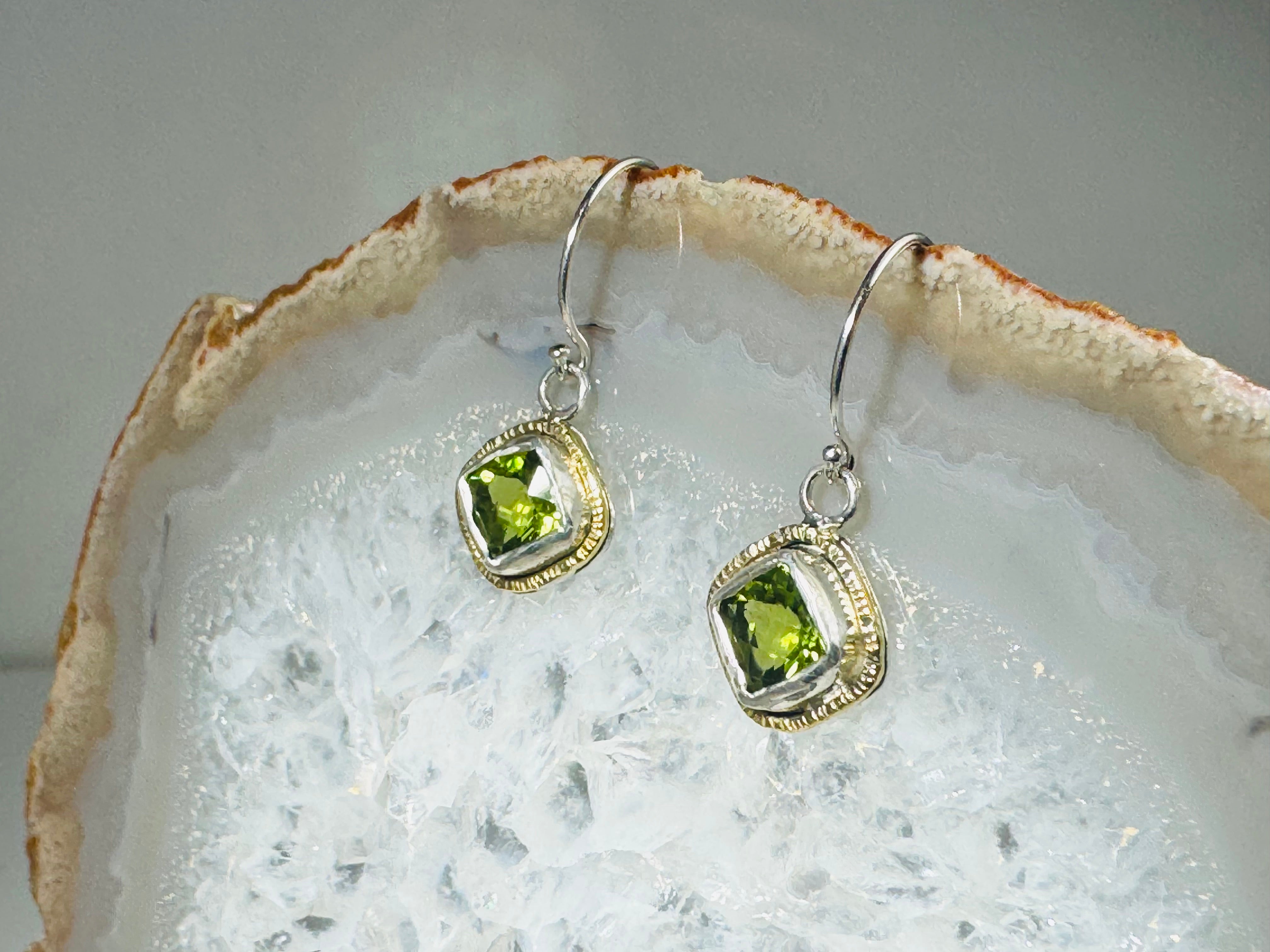 Peridot 6mm Cushion Sterling & 18k Dangles