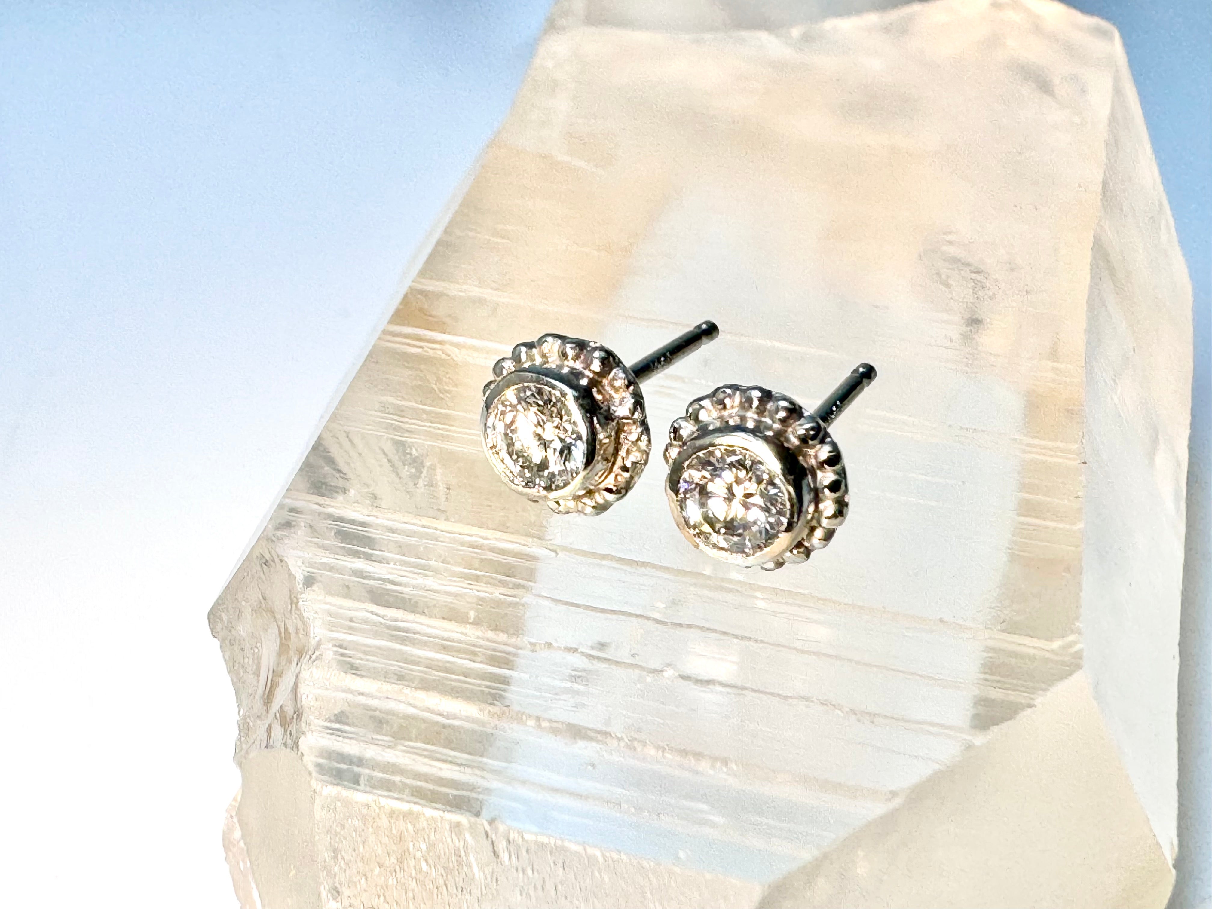 Diamond Beaded 14k White Gold Studs