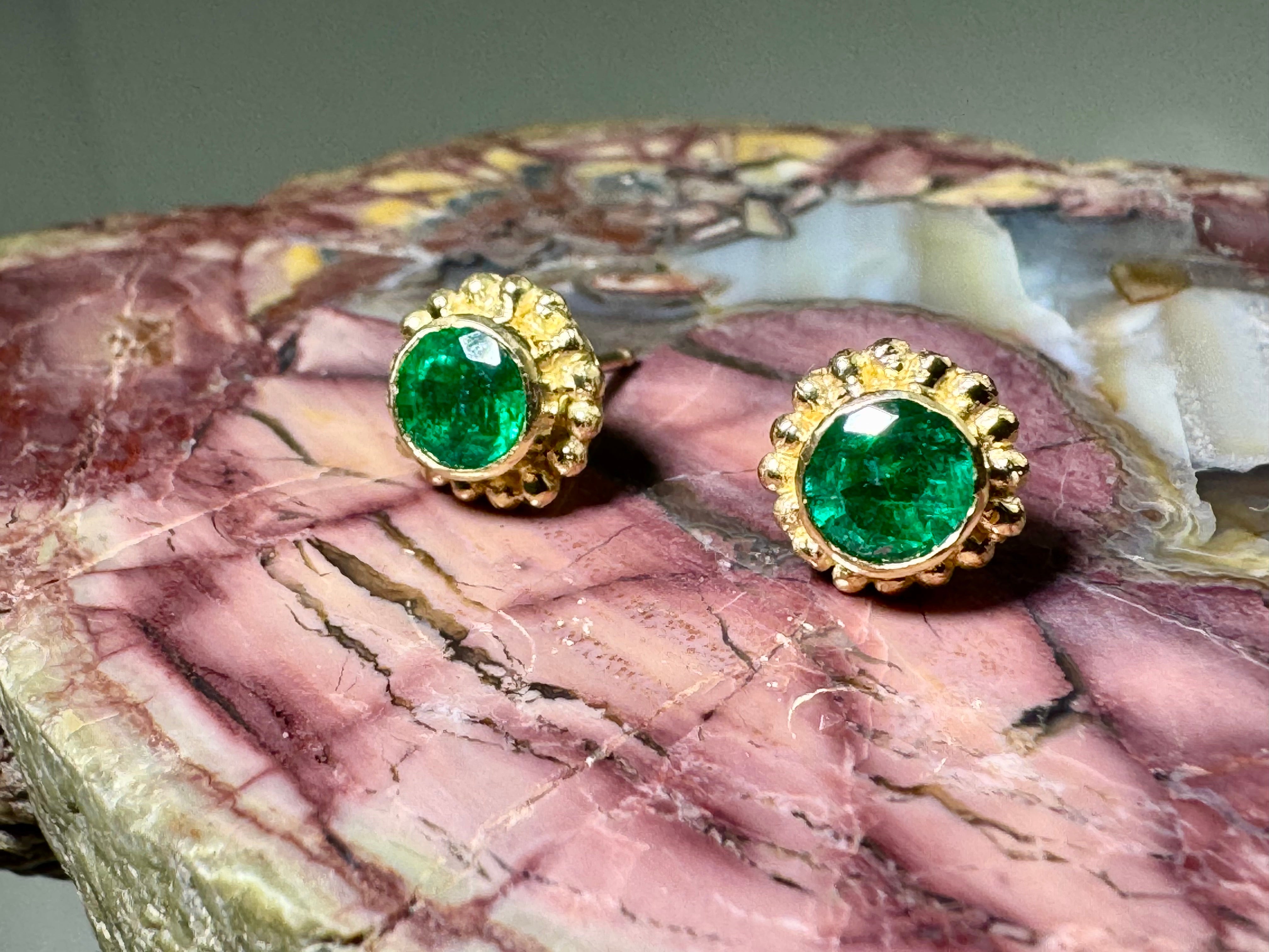 Emerald Beaded Bezel 18k Studs