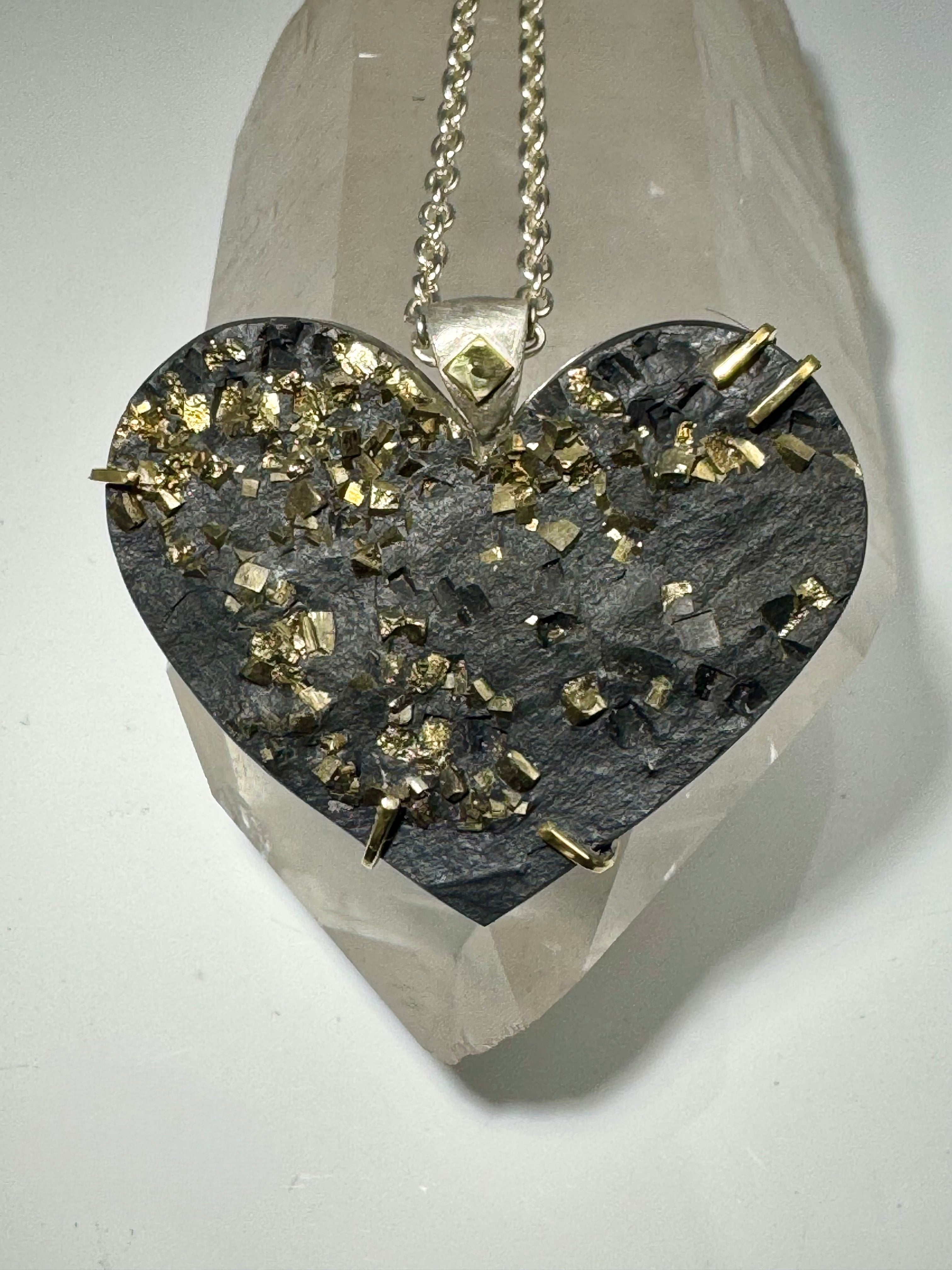 Pyrite Stone Heart Sterling & 18k Pendant 40.7. 40x50mm
