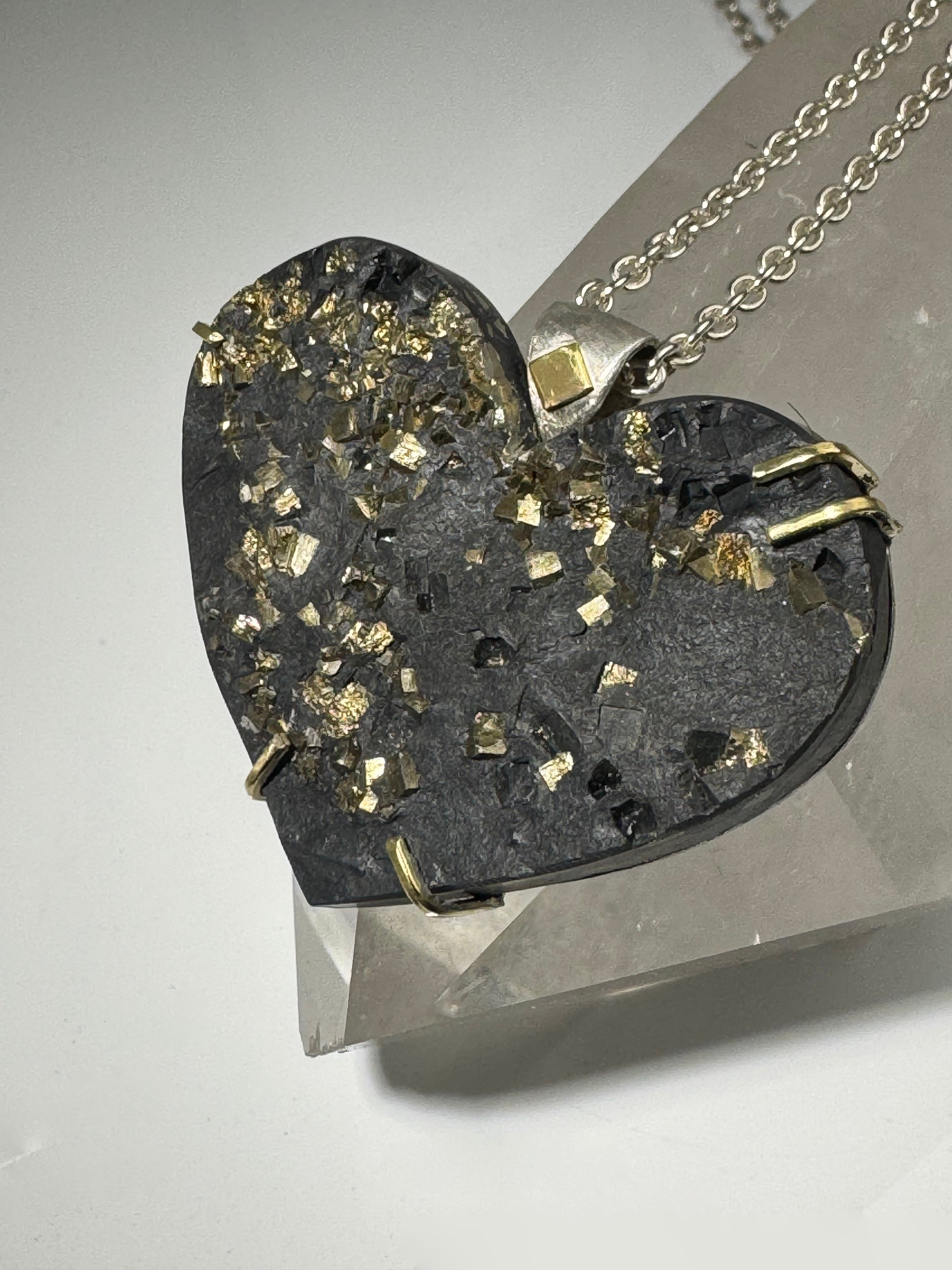 Pyrite Stone Heart Sterling & 18k Pendant 40.7. 40x50mm