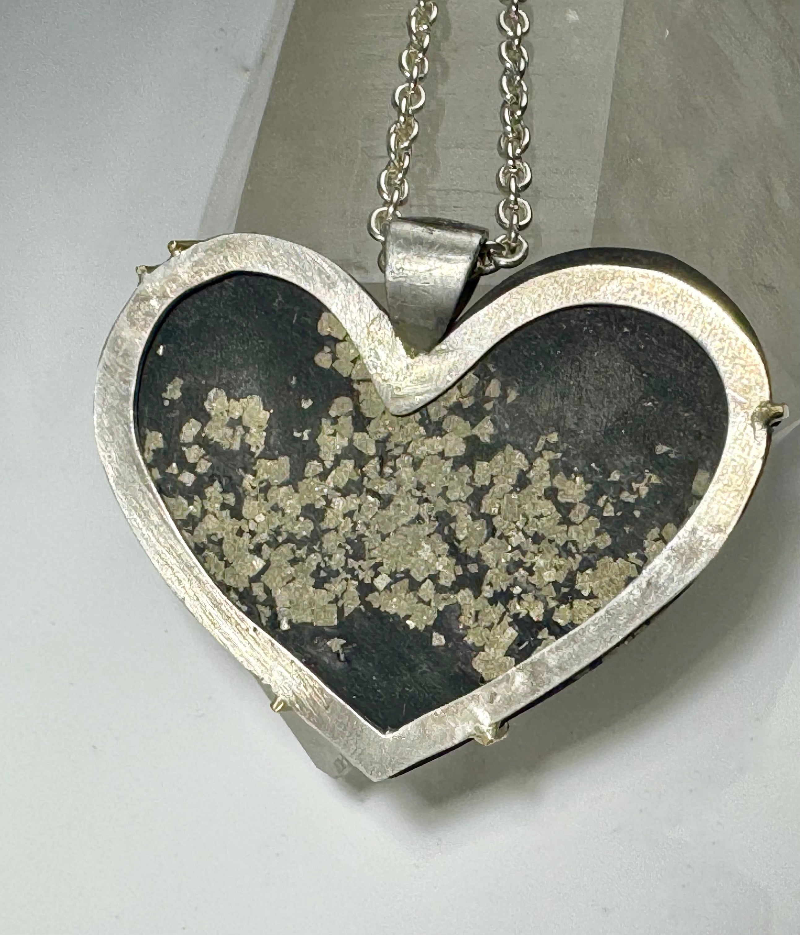 Pyrite Stone Heart Sterling & 18k Pendant 40.7. 40x50mm