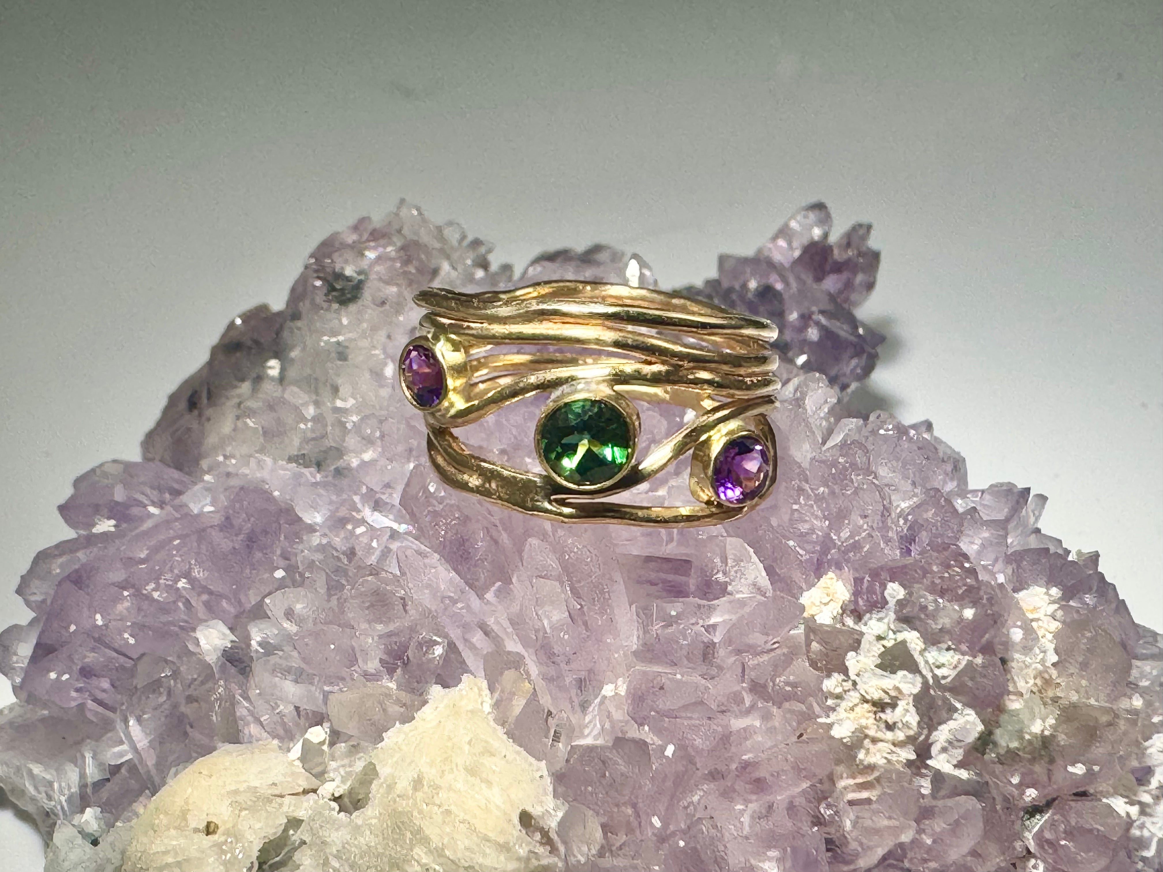 Green Tourmaline & Amethyst Wire Band