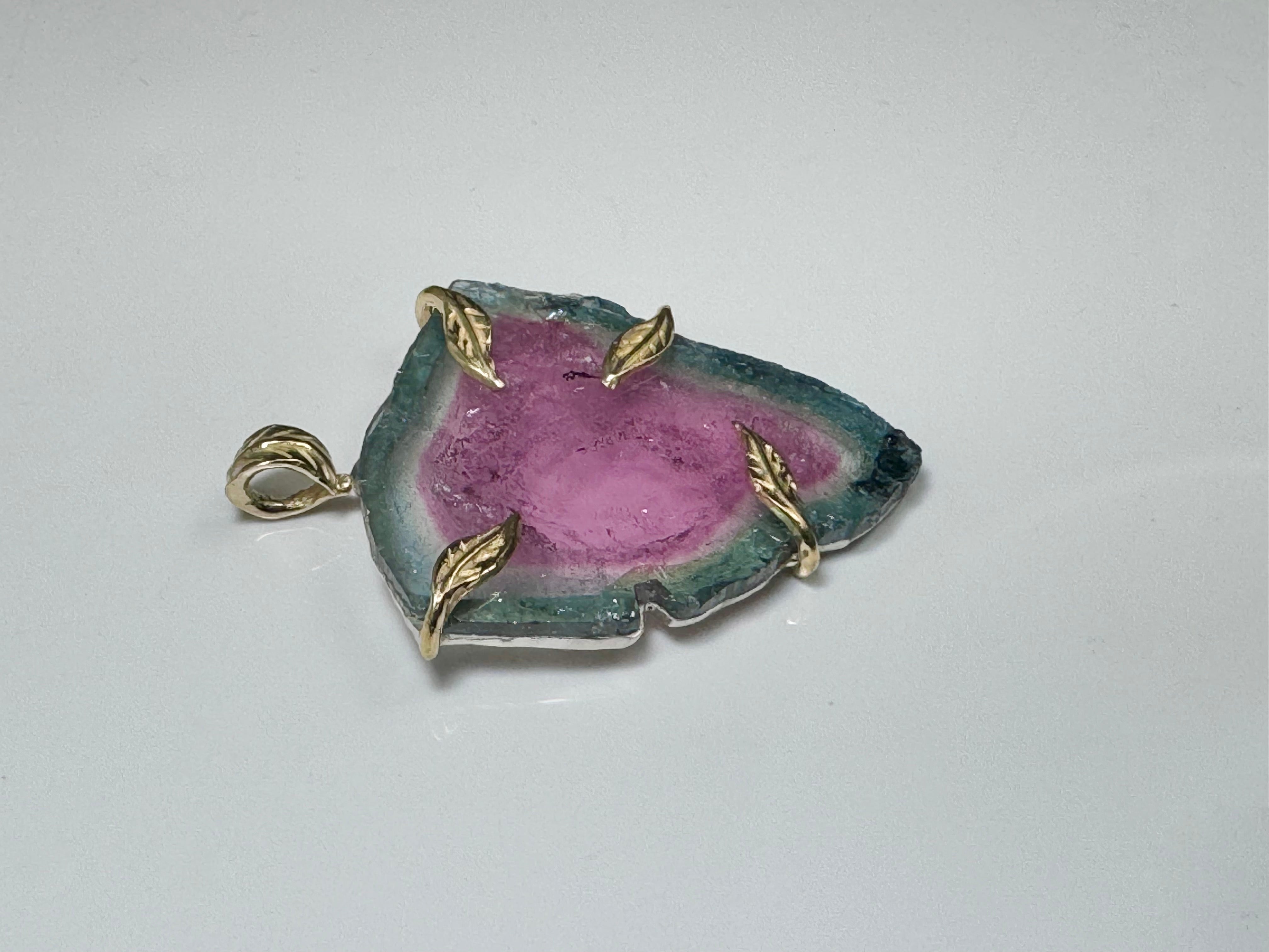 Watermelon Tourmaline Slice 18k Leaf Pendant