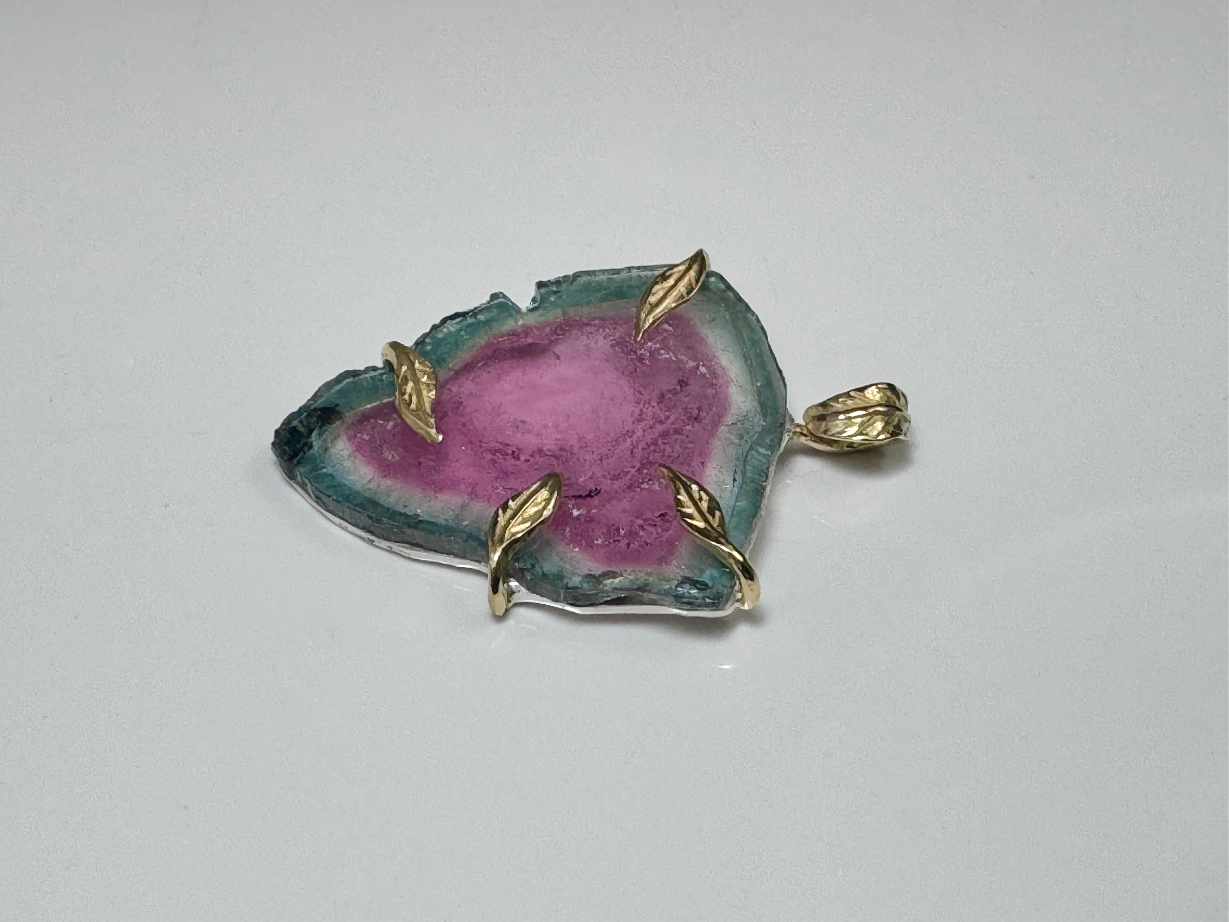 Watermelon Tourmaline Slice 18k Leaf Pendant