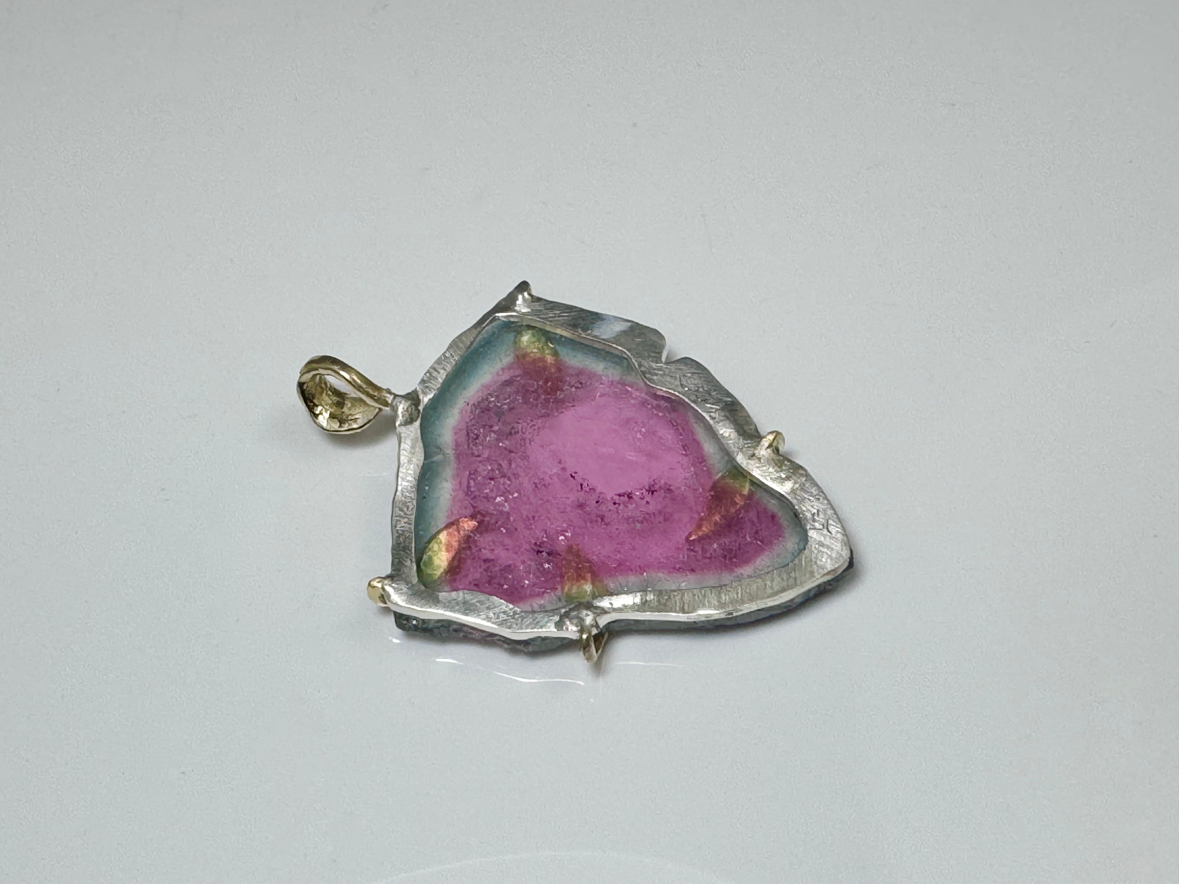 Watermelon Tourmaline Slice 18k Leaf Pendant