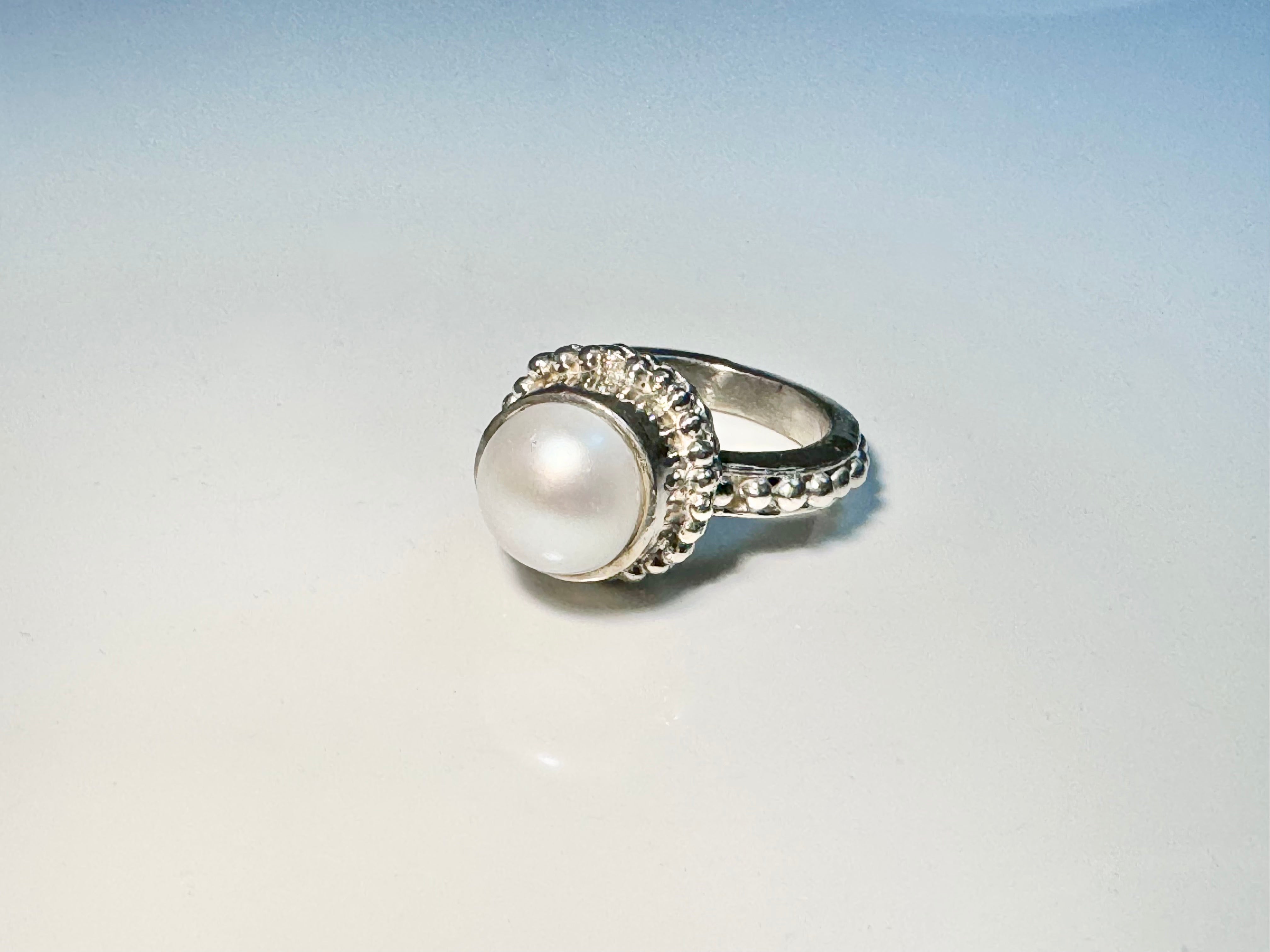 Pearl Beaded Bezel Sterling Ring