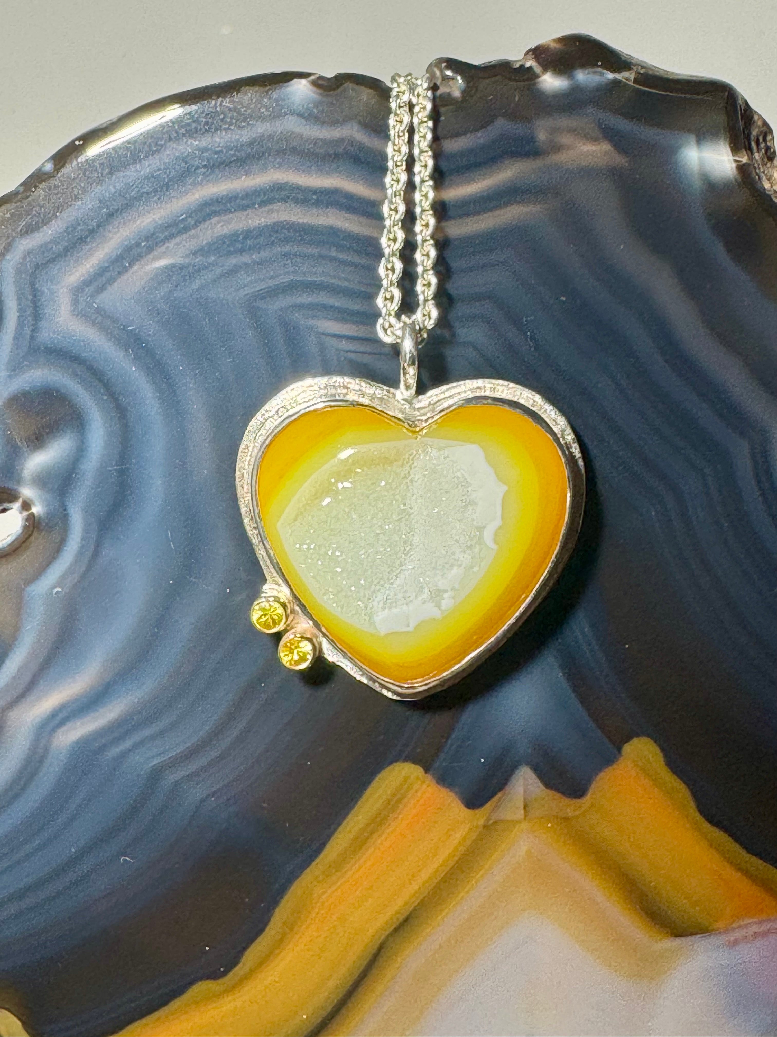 Yellow Druzy Agate & Sapphire Heart Pendant