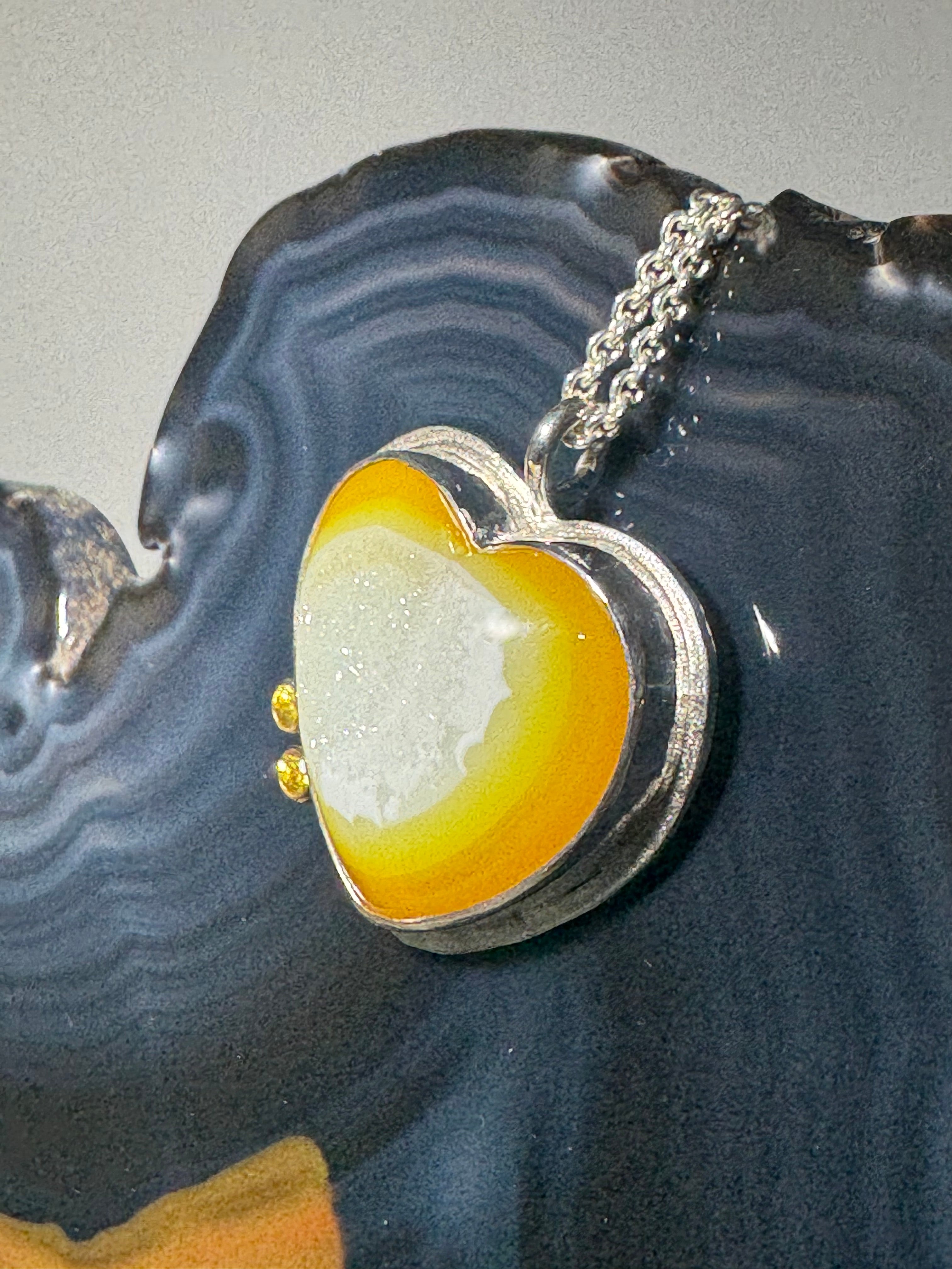 Yellow Druzy Agate & Sapphire Heart Pendant