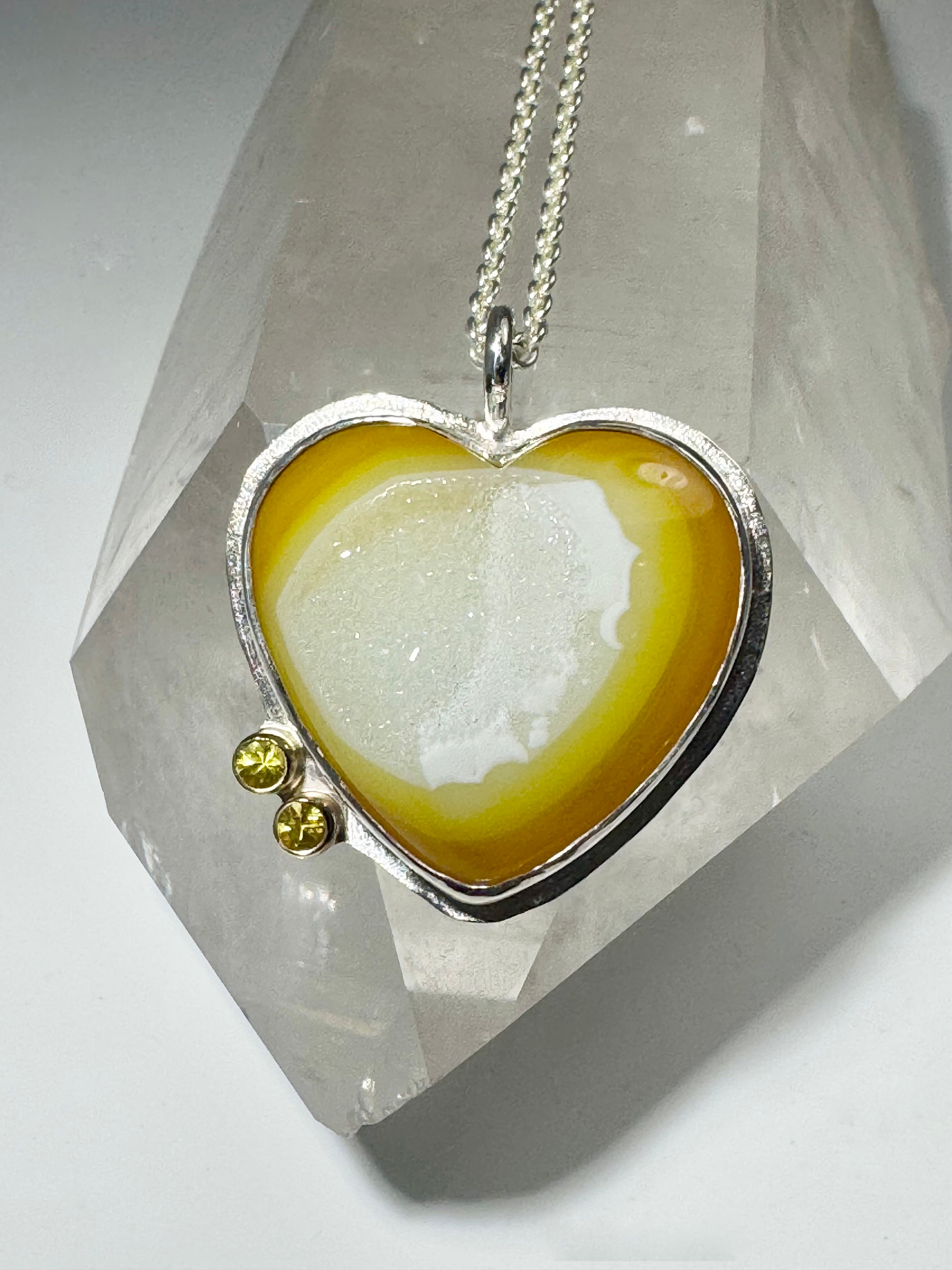 Yellow Druzy Agate & Sapphire Heart Pendant