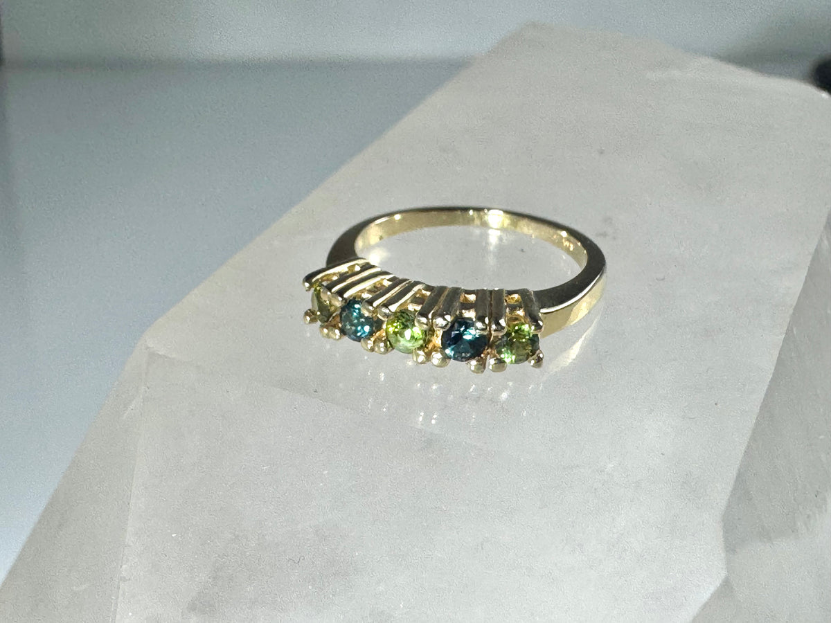 Blue Green 5 Stone Tourmaline 14k Ring