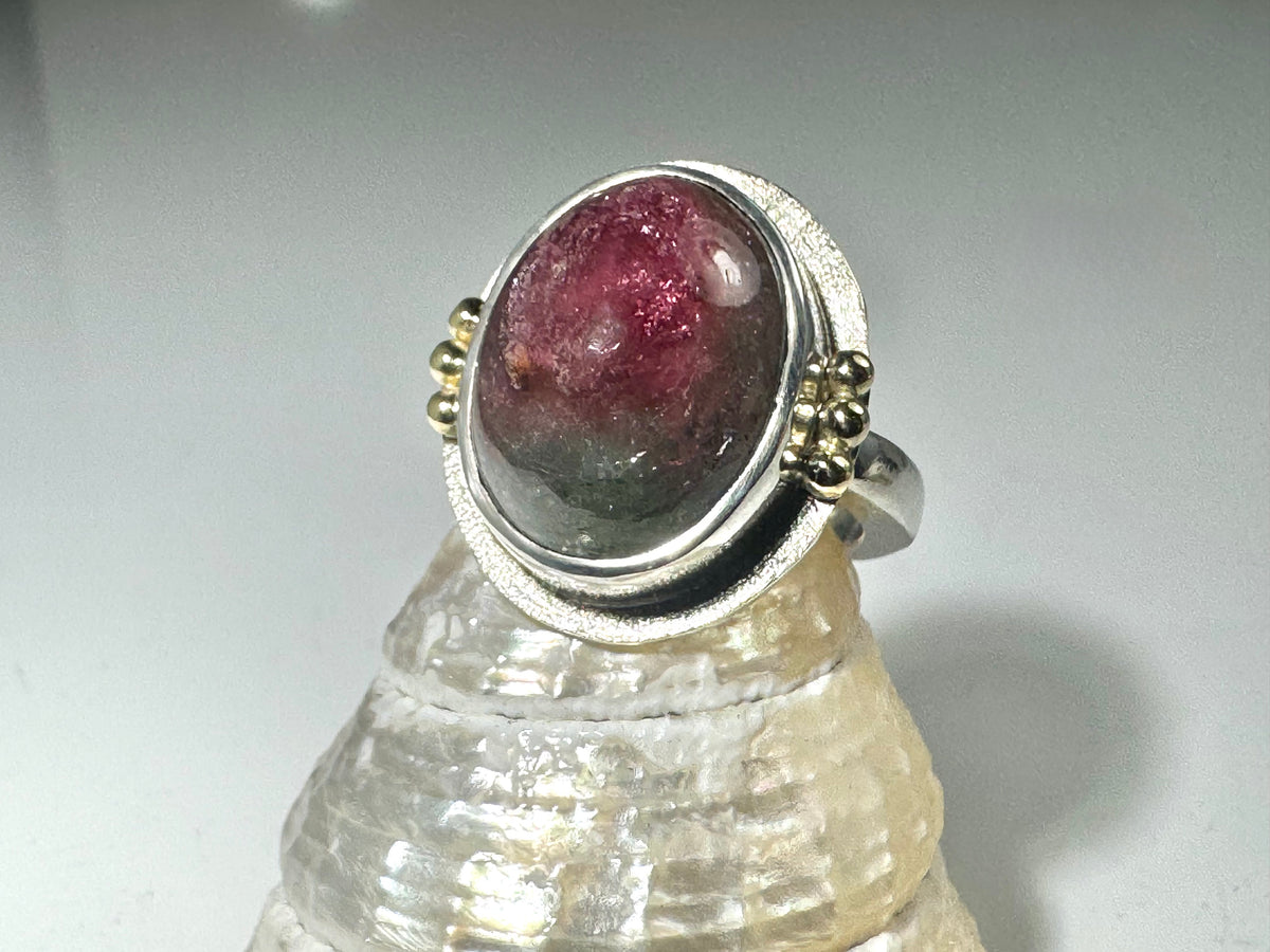 Watermelon Tourmaline Oval Two Tone Ring