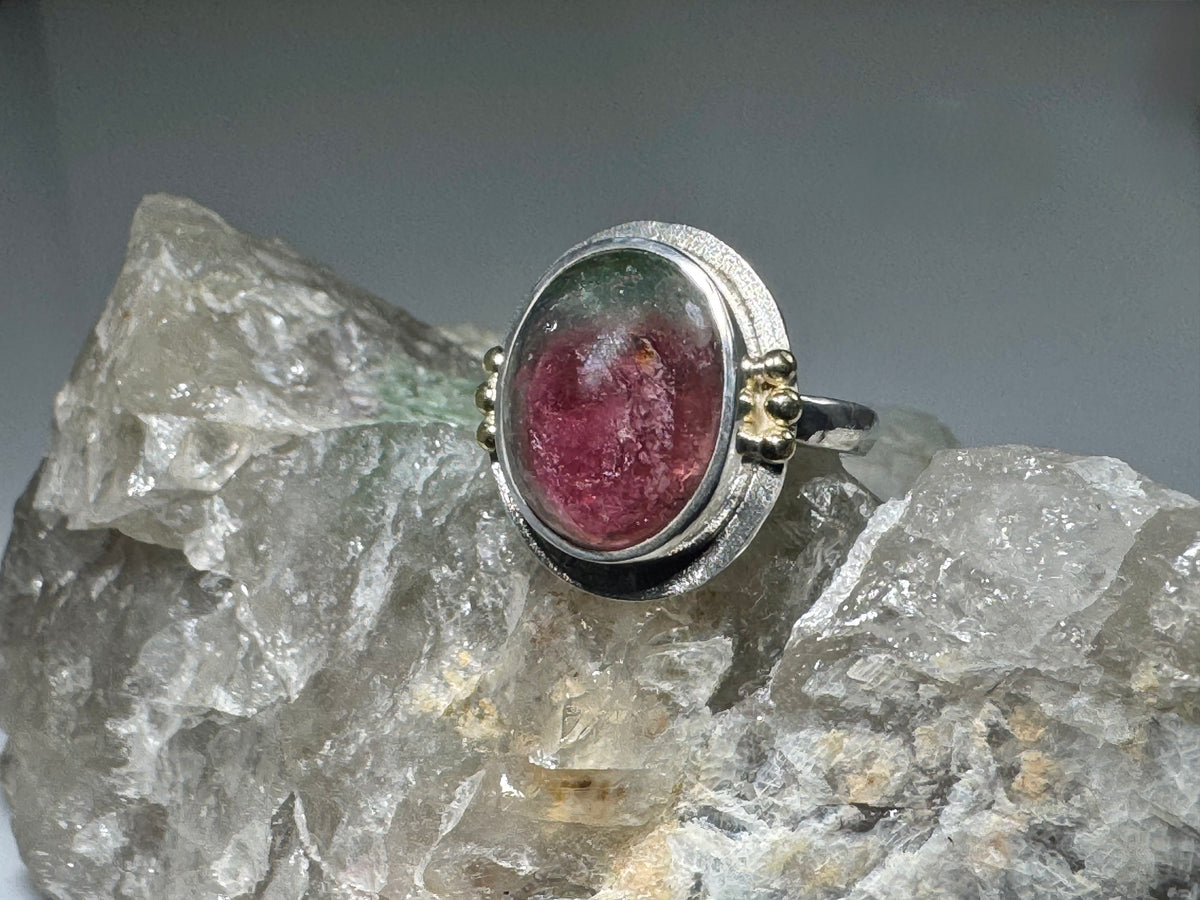 Watermelon Tourmaline Oval Two Tone Ring