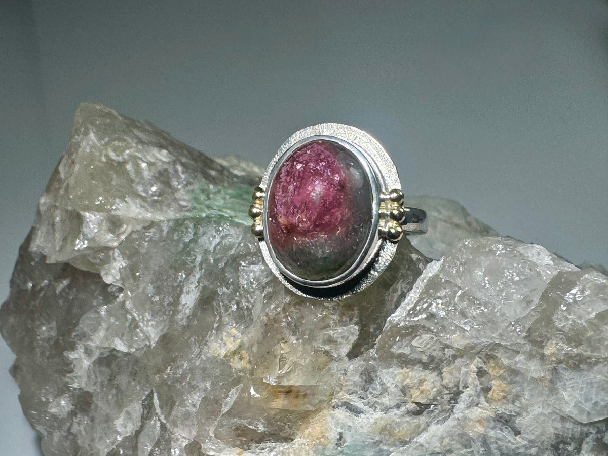 Watermelon Tourmaline Oval Two Tone Ring