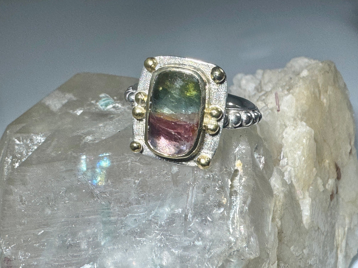 Watermelon Tourmaline Two Tone Beaded Ring