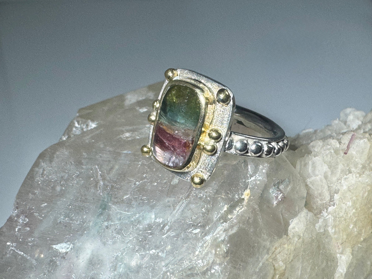 Watermelon Tourmaline Two Tone Beaded Ring