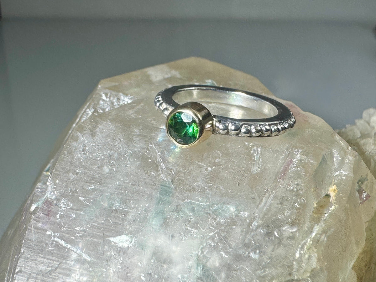 Green Tourmaline Beaded Band Sterling & 14k Ring