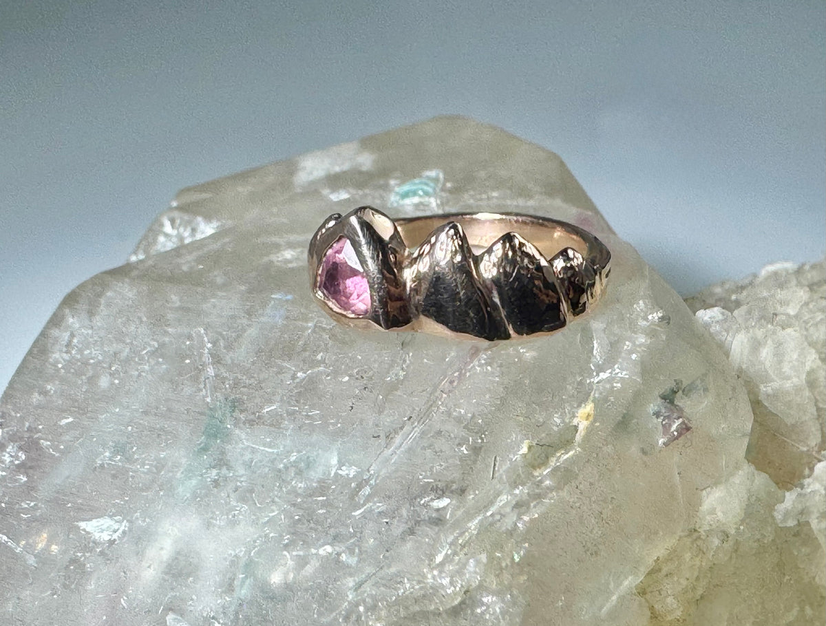 Pink Tourmaline Carved Mountain 14k Ring
