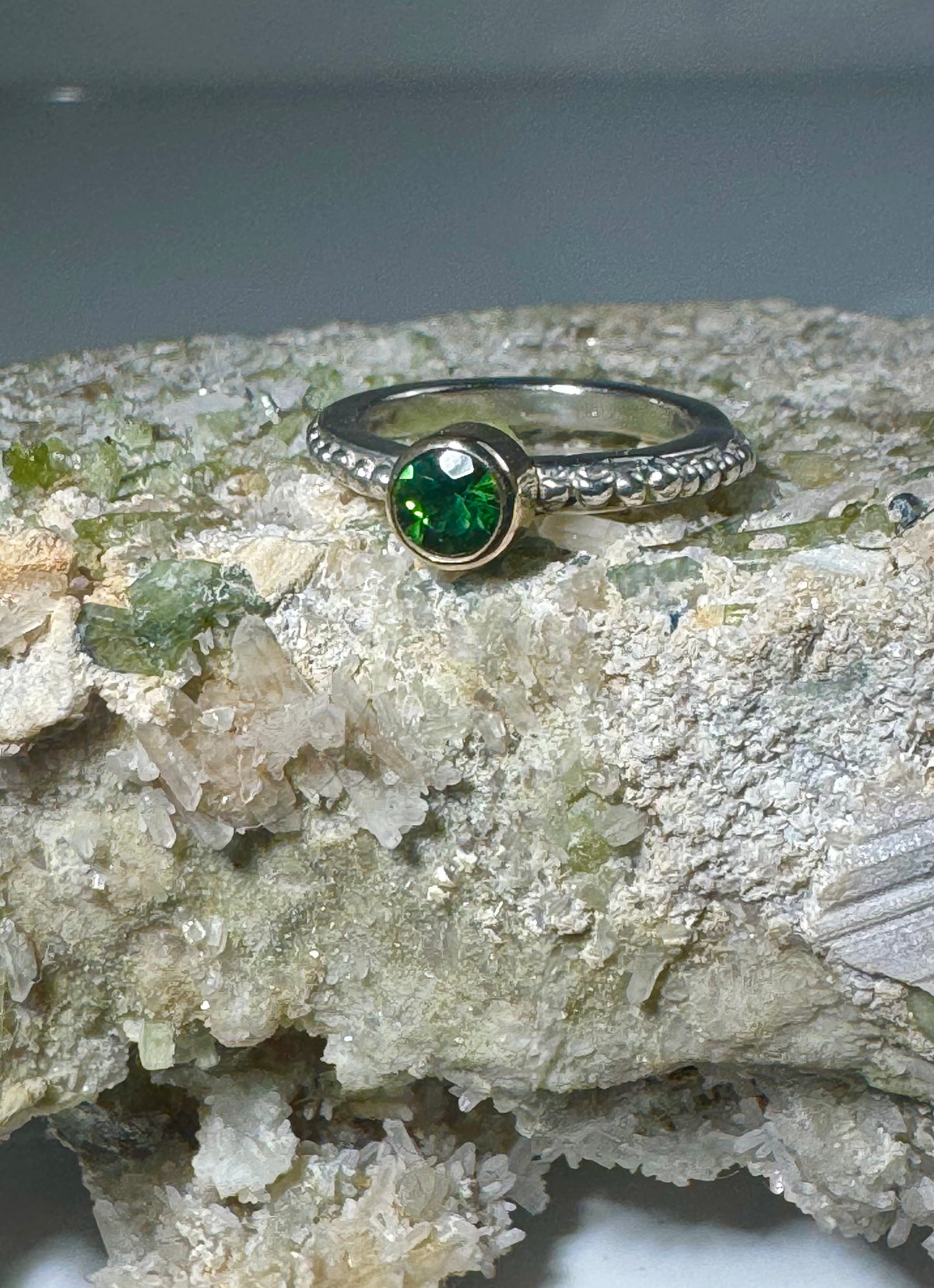 Green Tourmaline Beaded Band Sterling & 14k Ring