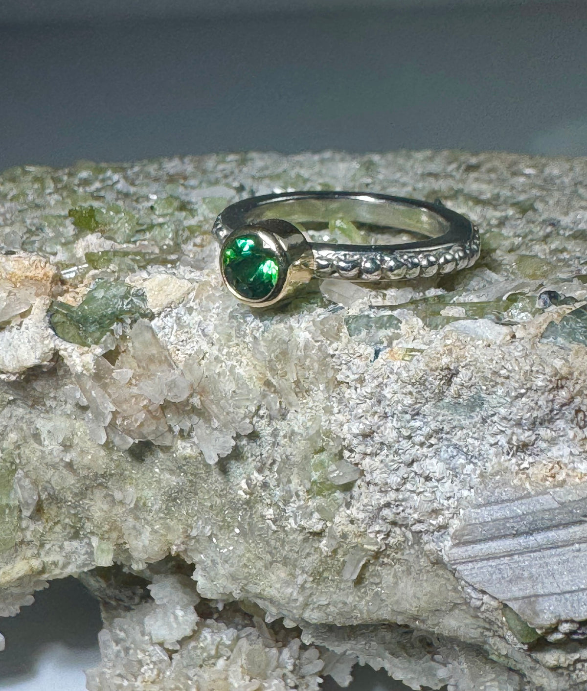 Green Tourmaline Beaded Band Sterling & 14k Ring