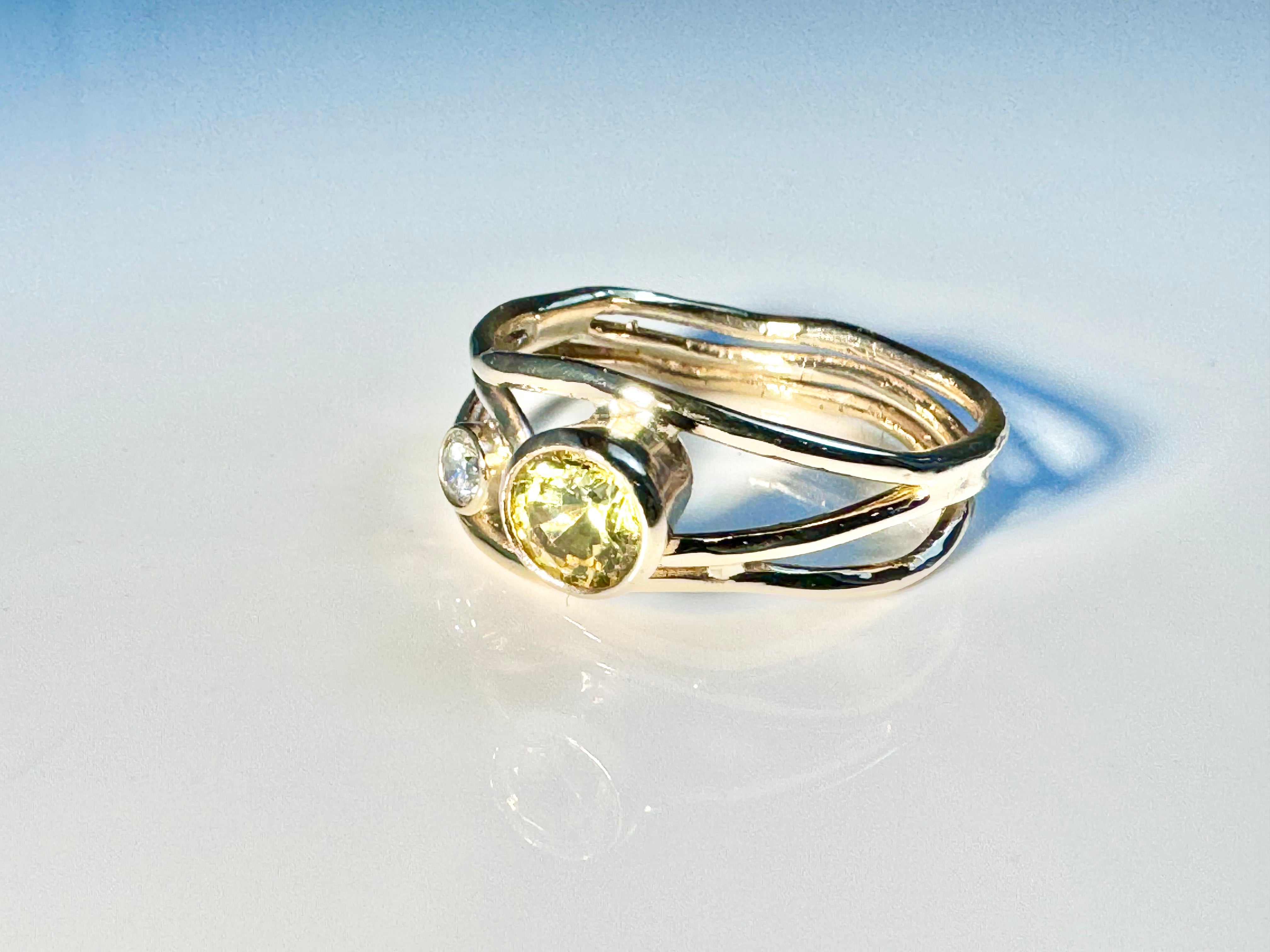 Yellow Sapphire & Diamond 3 Wire 14k Ring