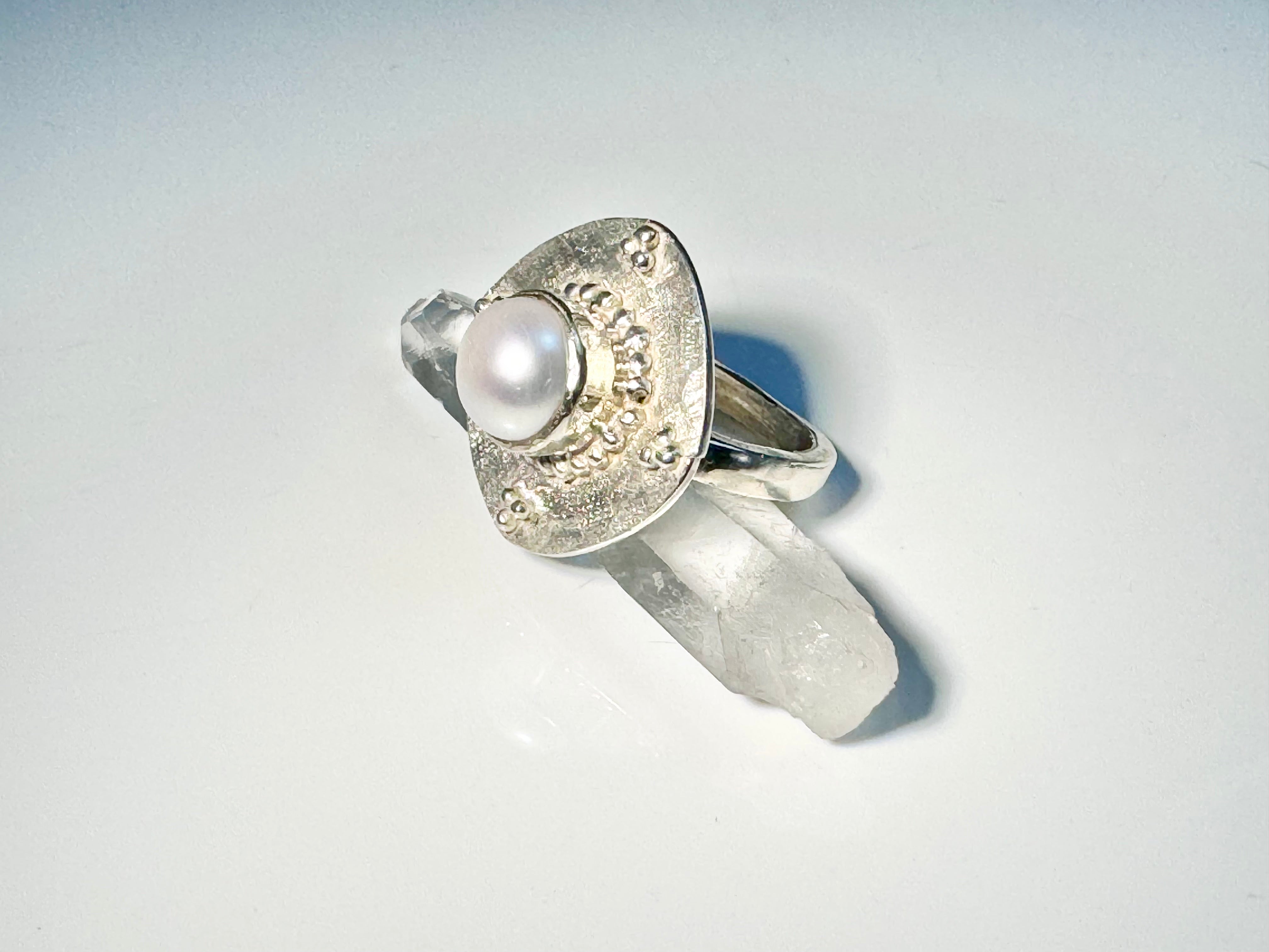 Pearl Beaded Antique Shape Sterling Ring