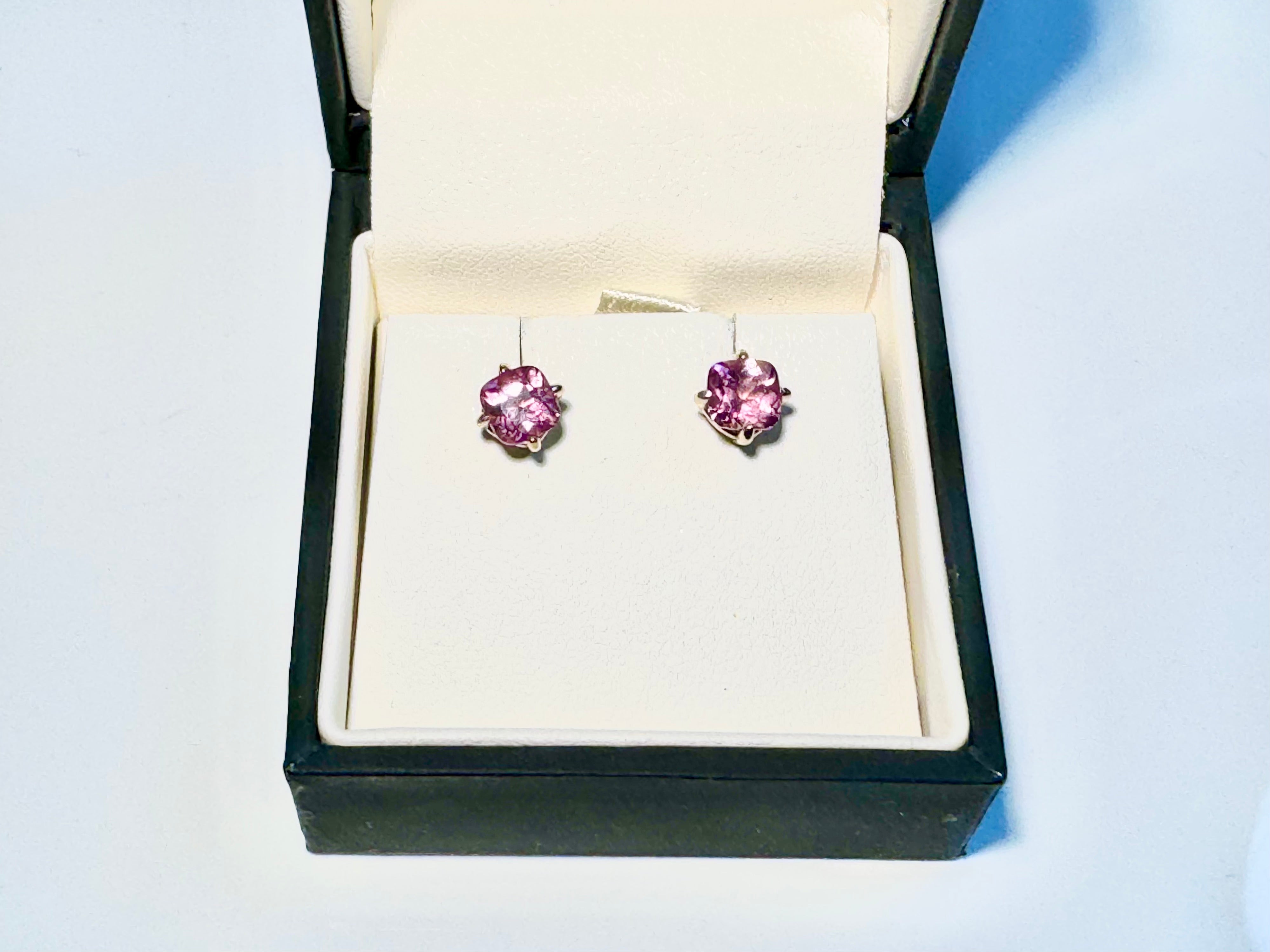 Pink Tourmaline Cushion 14k Studs