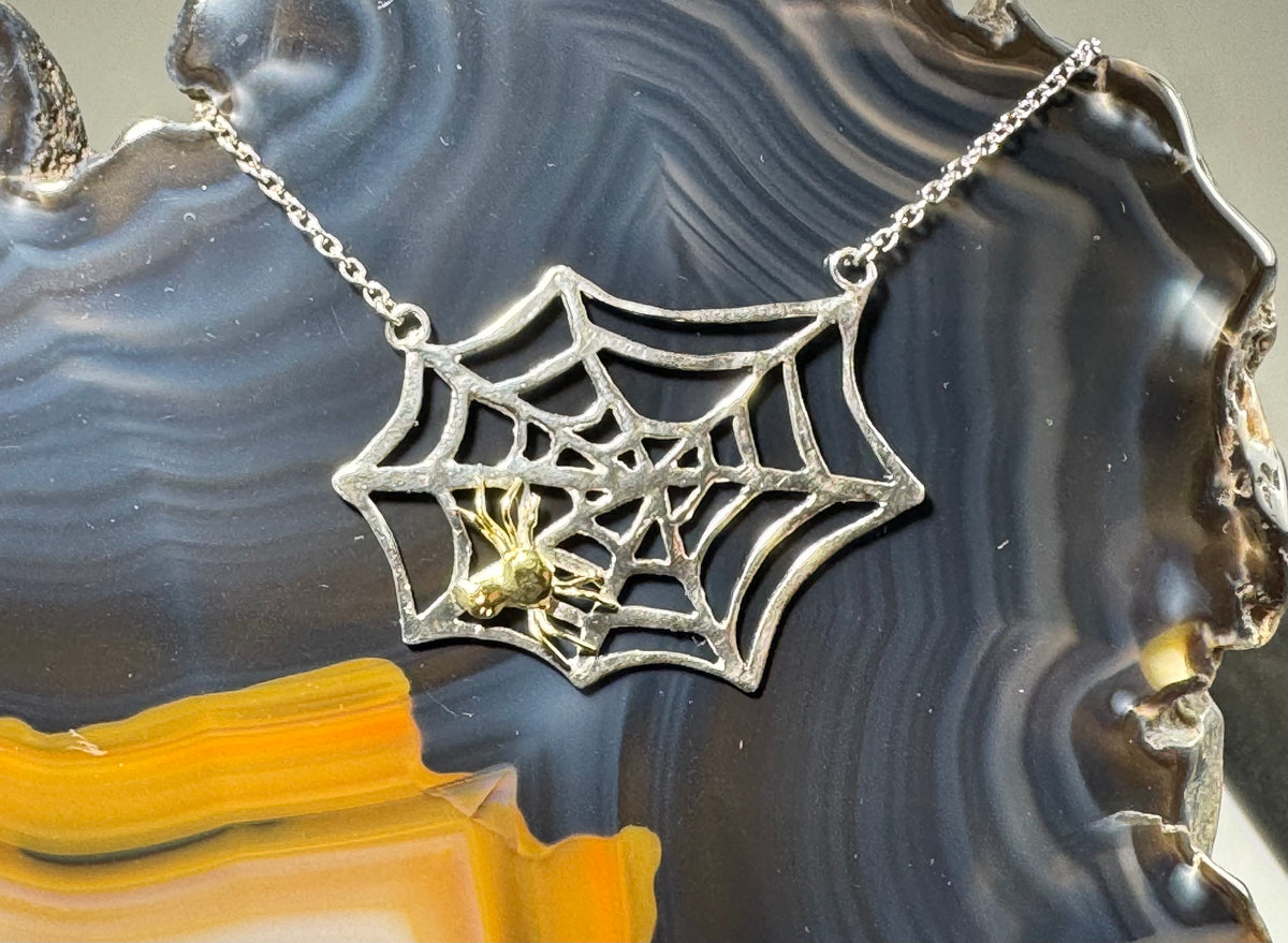 Spider Web With Spider Two Tone Necklace